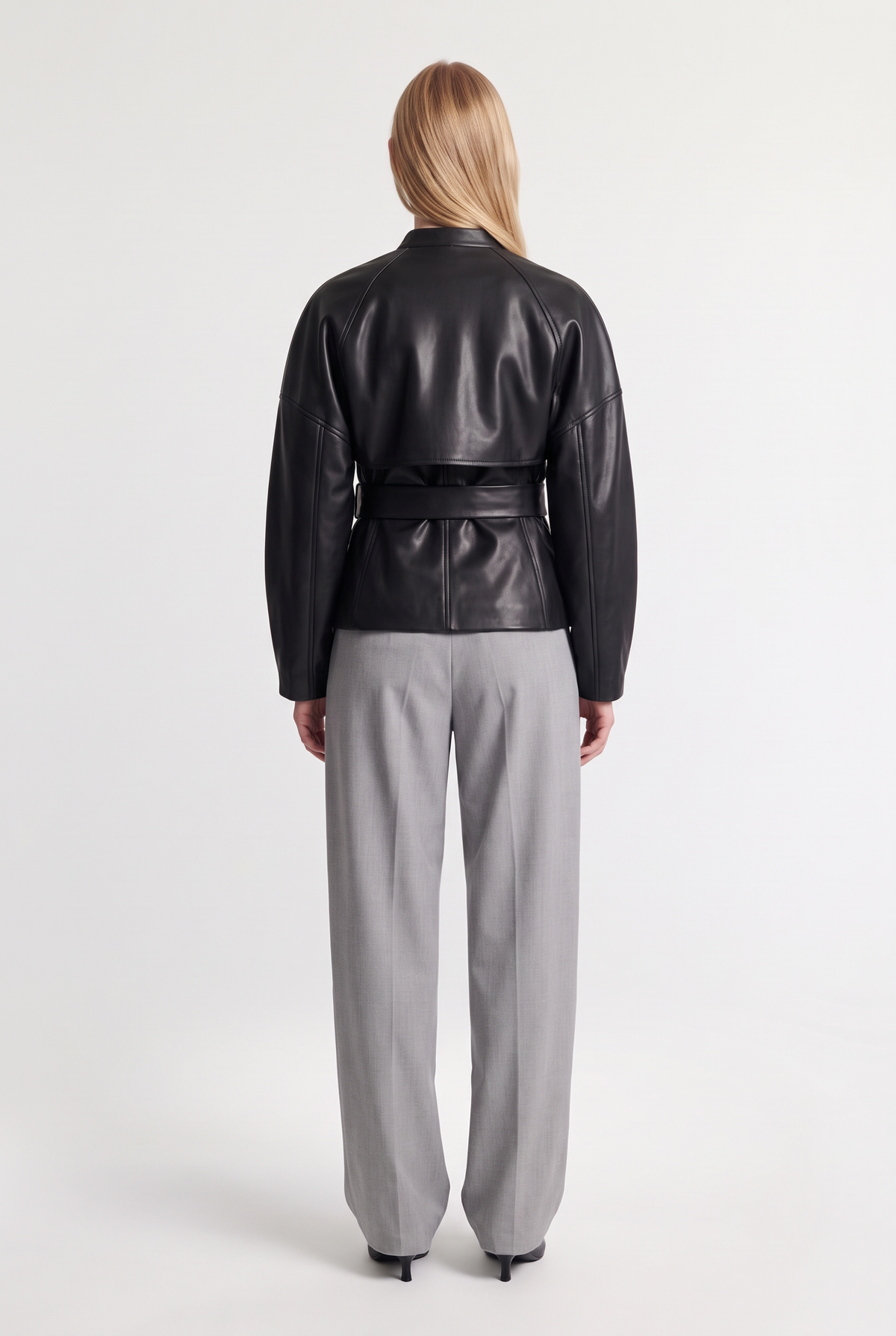 Belted Faux Leather Wrap Jacket - Black - back view