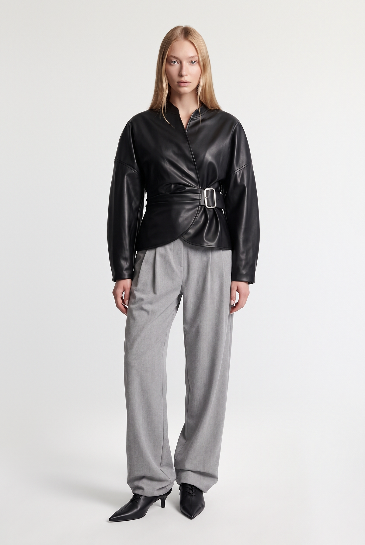 Belted Faux Leather Wrap Jacket - Black - front view
