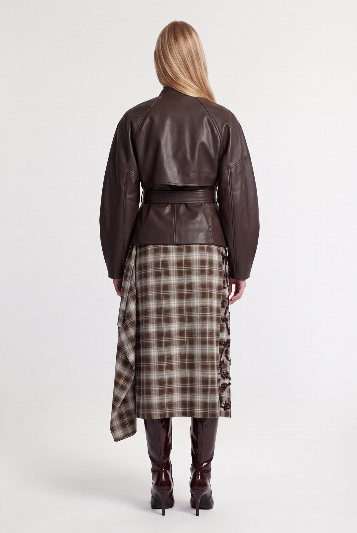 Belted Faux Leather Wrap Jacket - Brown - back view