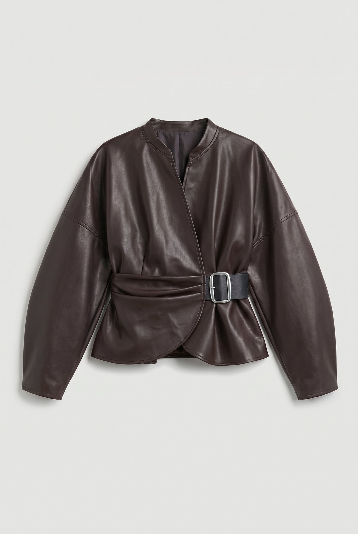 Belted Faux Leather Wrap Jacket - Brown - flat lay