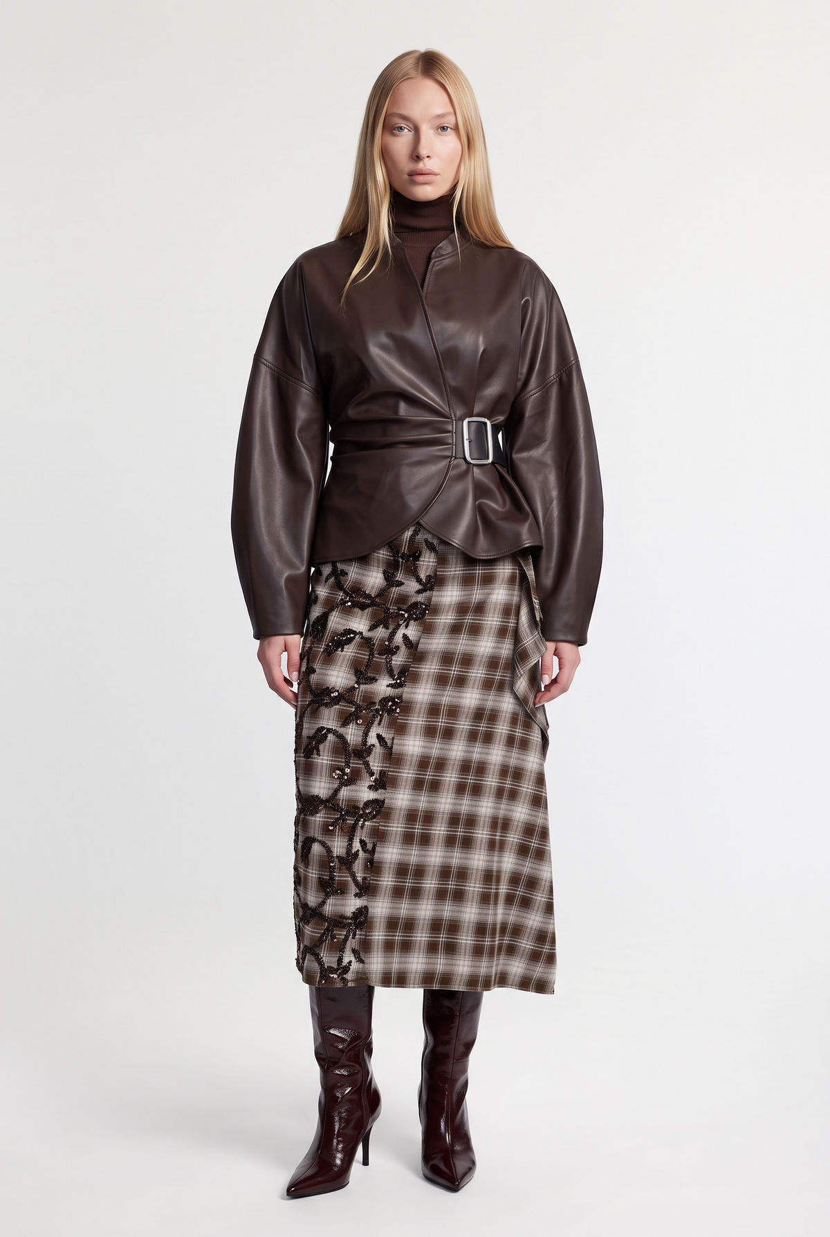 Belted Faux Leather Wrap Jacket - Brown - front view
