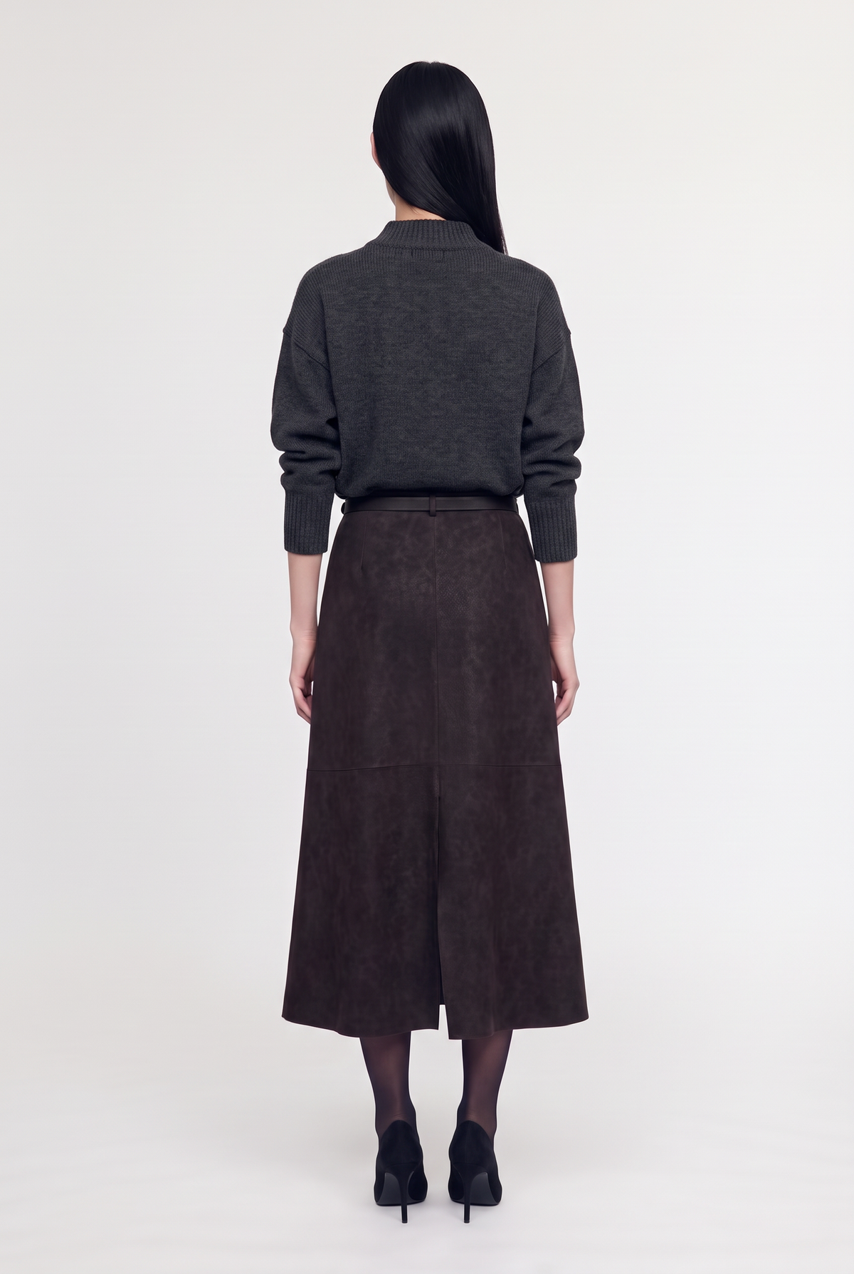 Belted Faux-Suede Midi Skirt - Dark Brown - back view