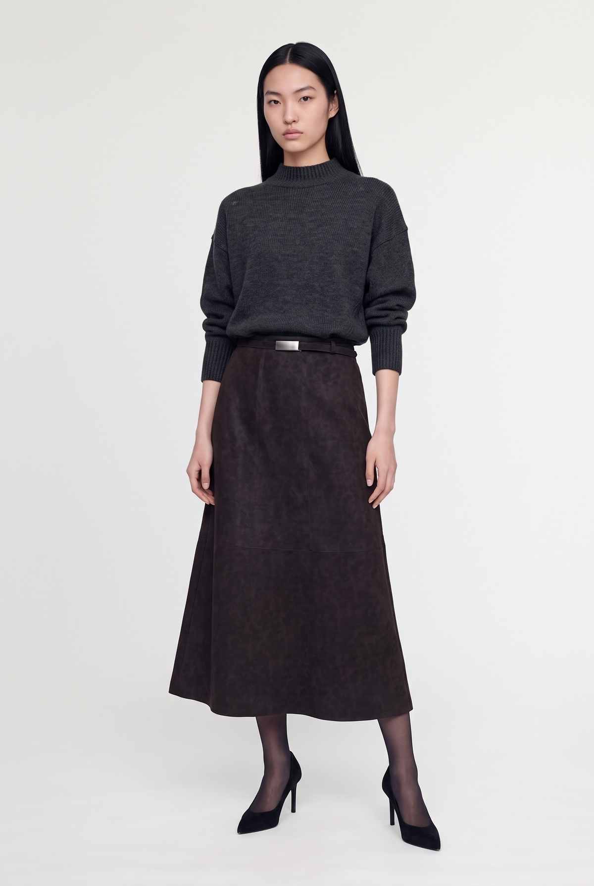 Belted Faux-Suede Midi Skirt - Dark Brown - front view