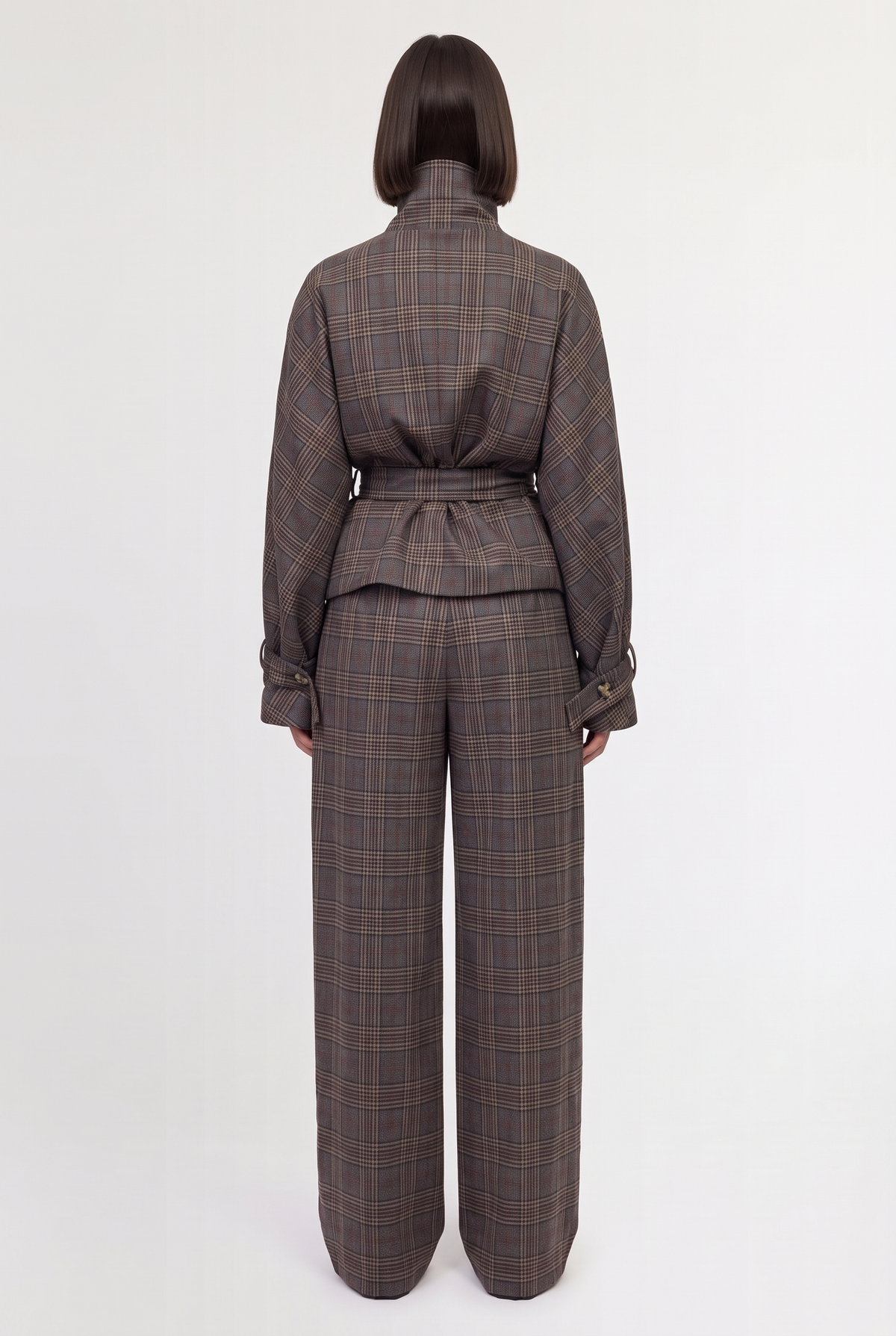 Belted Plaid Coat - Grey/Camel - back view