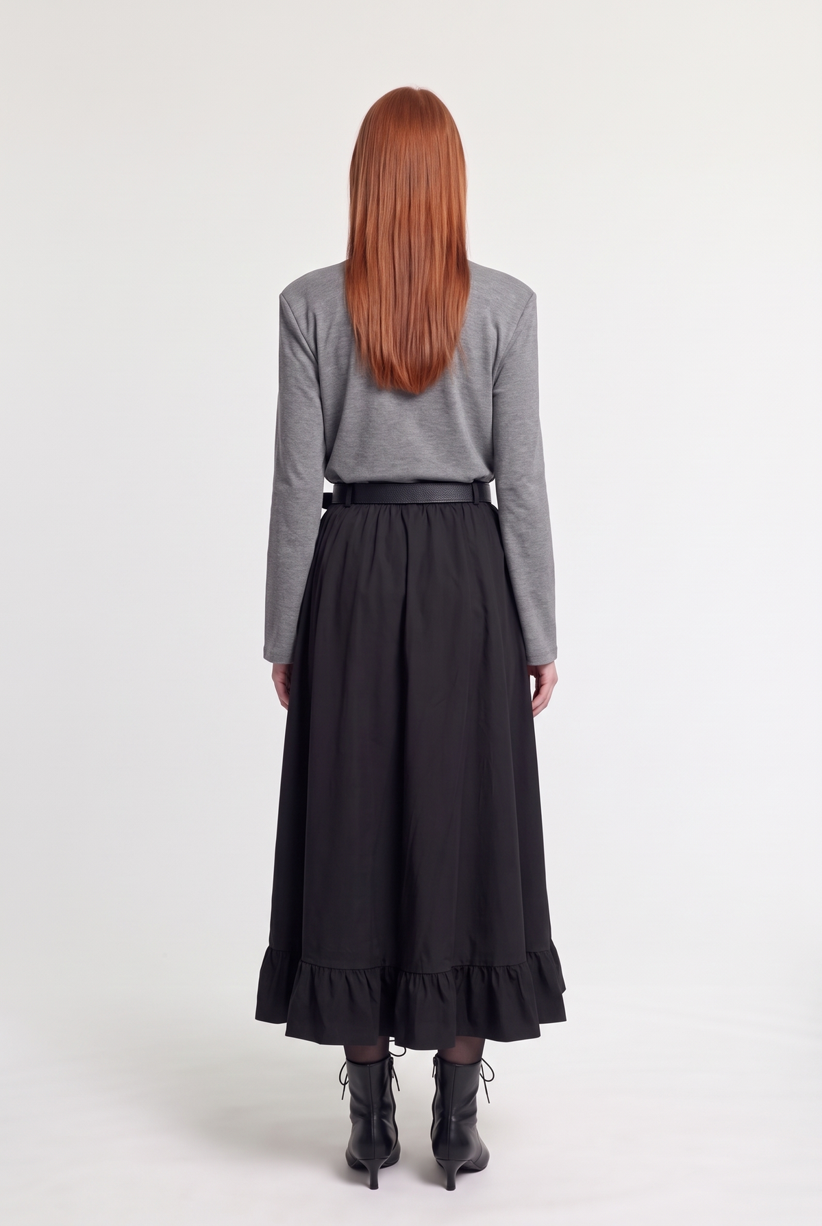 Belted Ruffle Hem Maxi Skirt - Black - back view