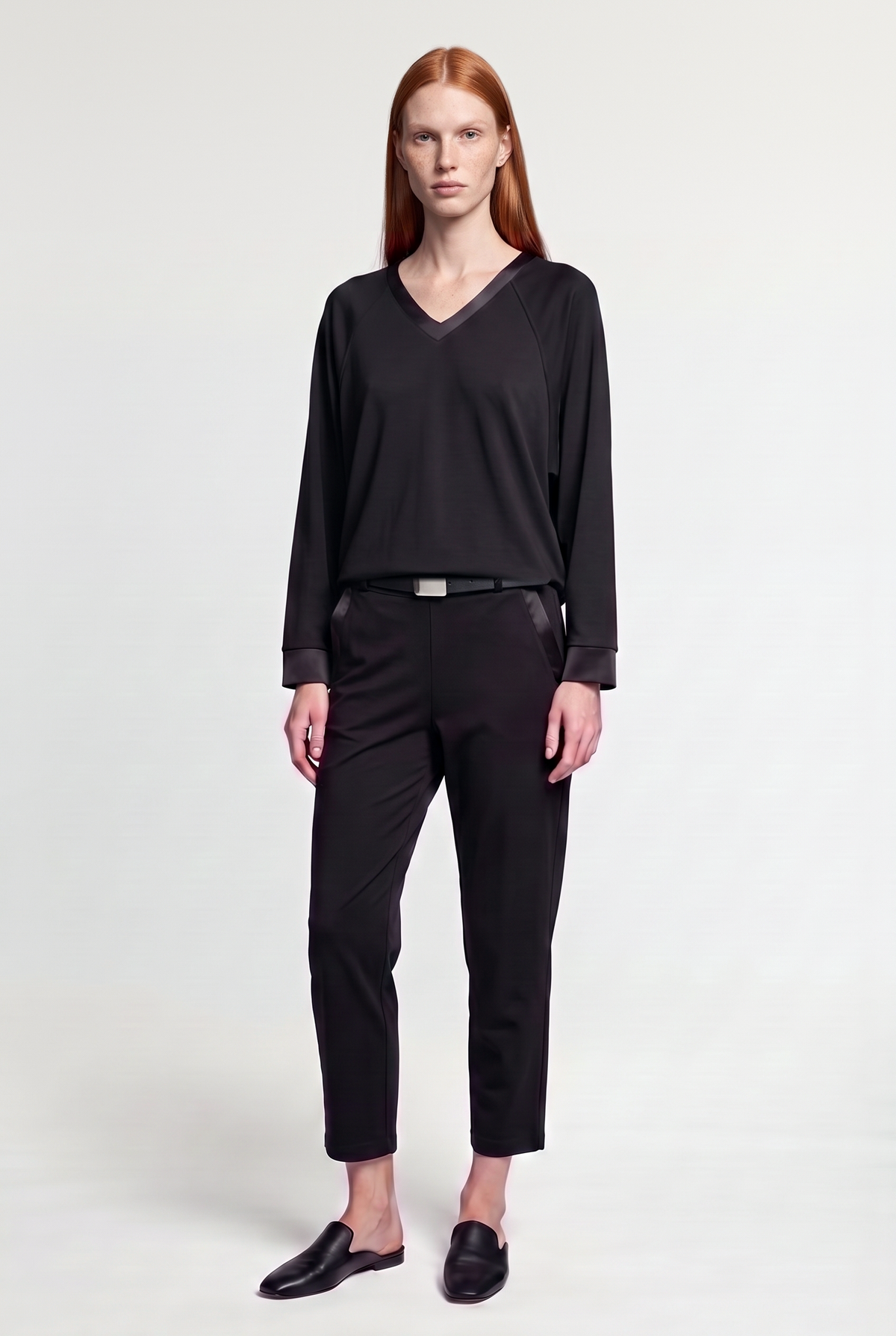 Belted Slim-Leg Pants - Black - styled look, front view