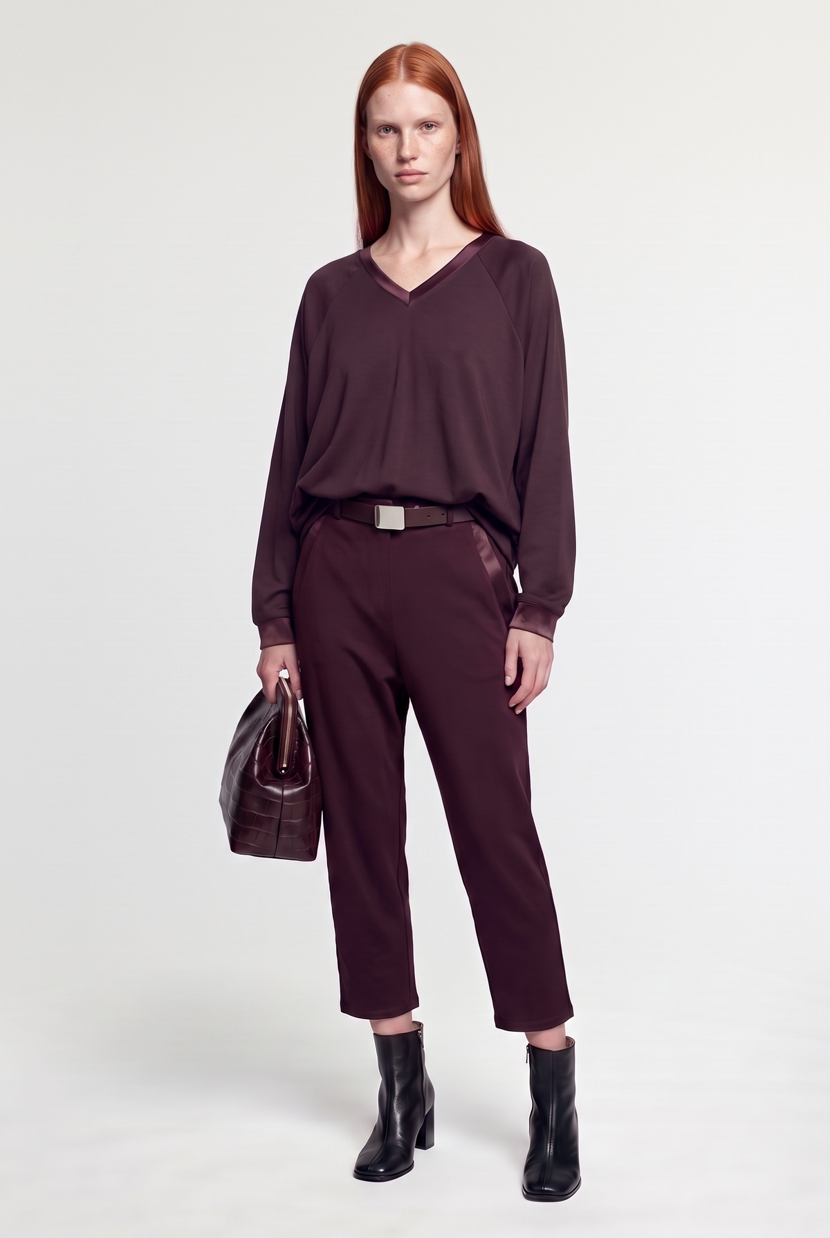 Belted Slim-Leg Pants - Burgundy - styled look, front view