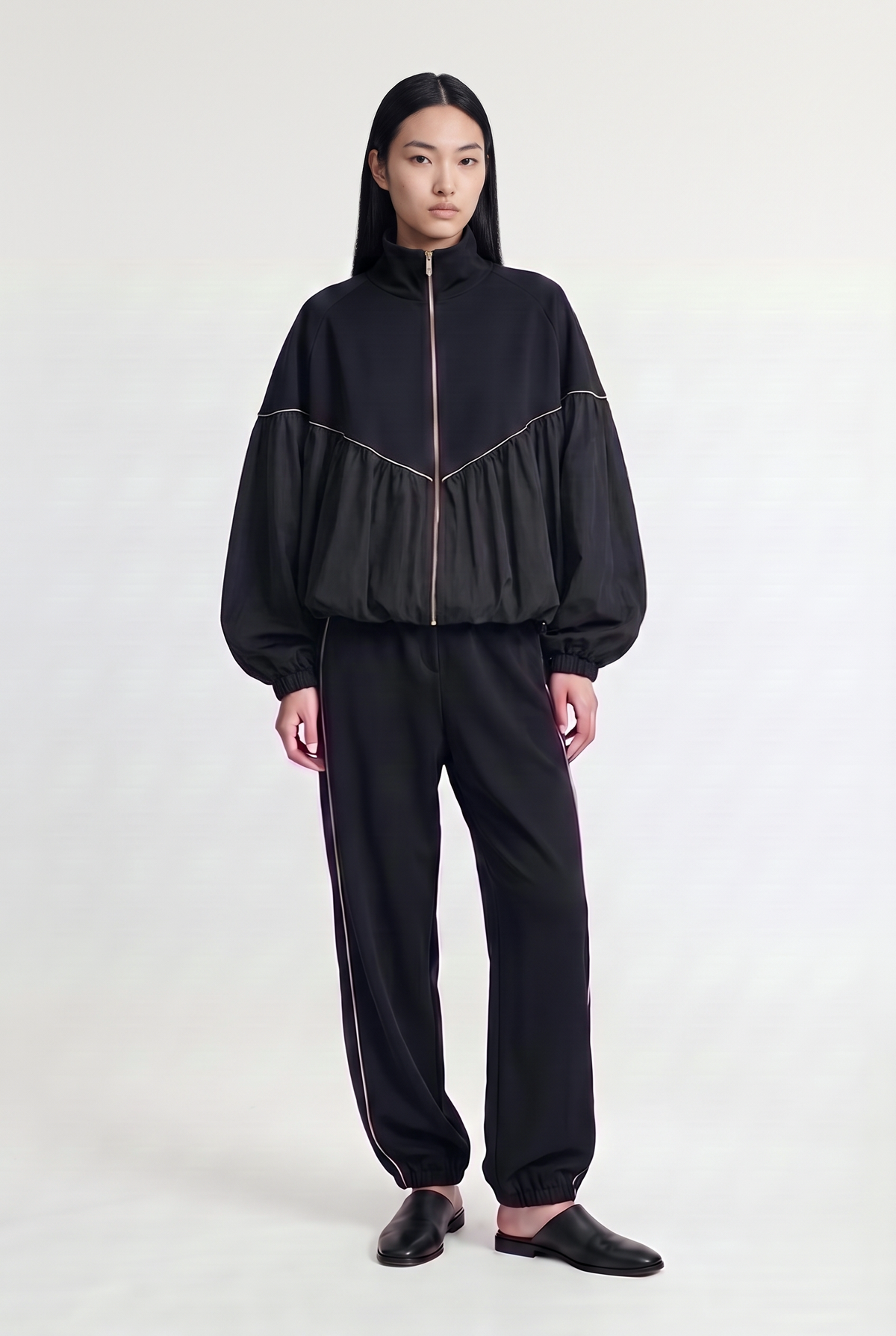 Black Contrast Piping Pants - Black - styled look, front view