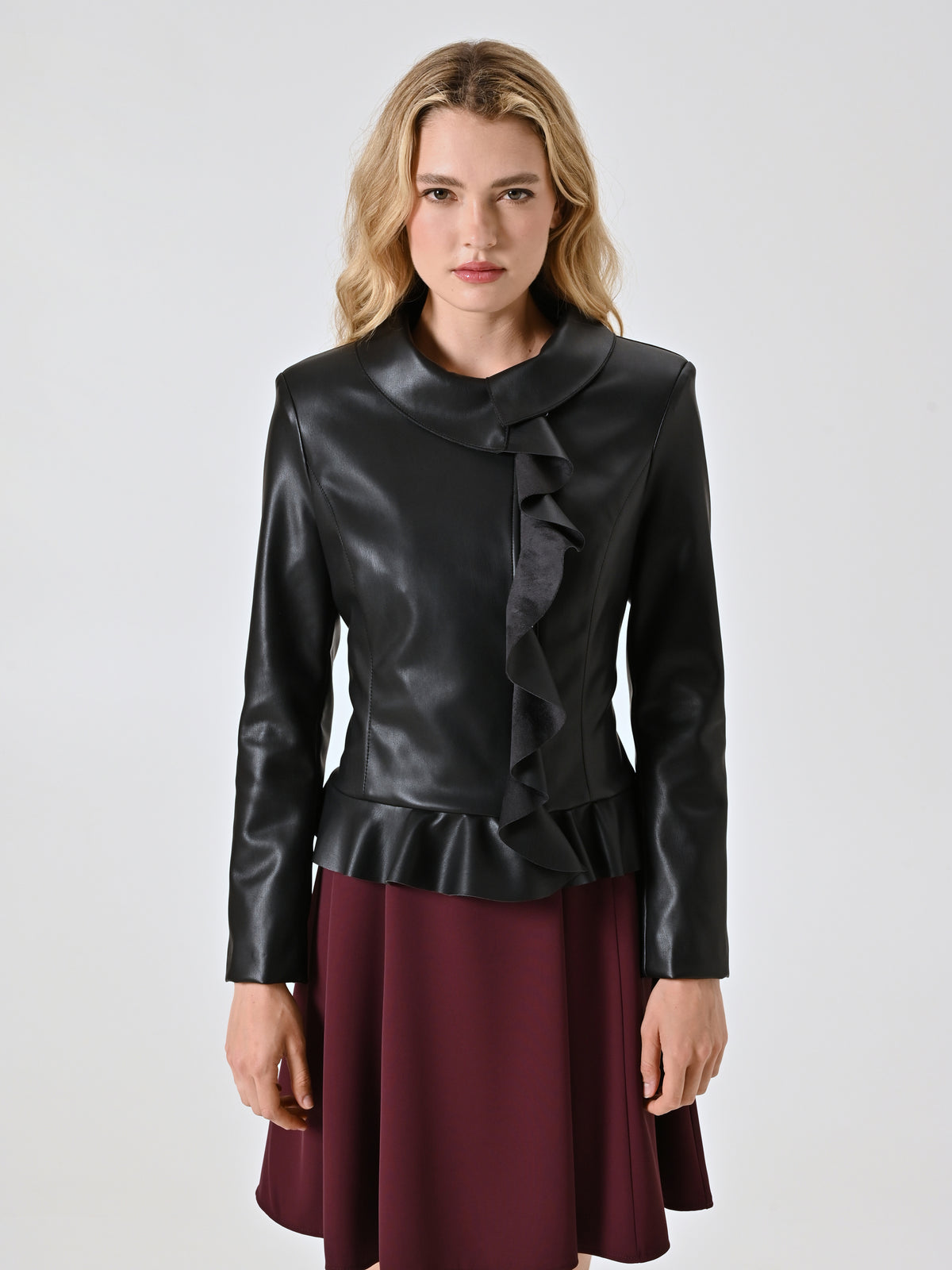 Black Faux Leather Jacket with Ruffles and Turn-down Collar - Maska