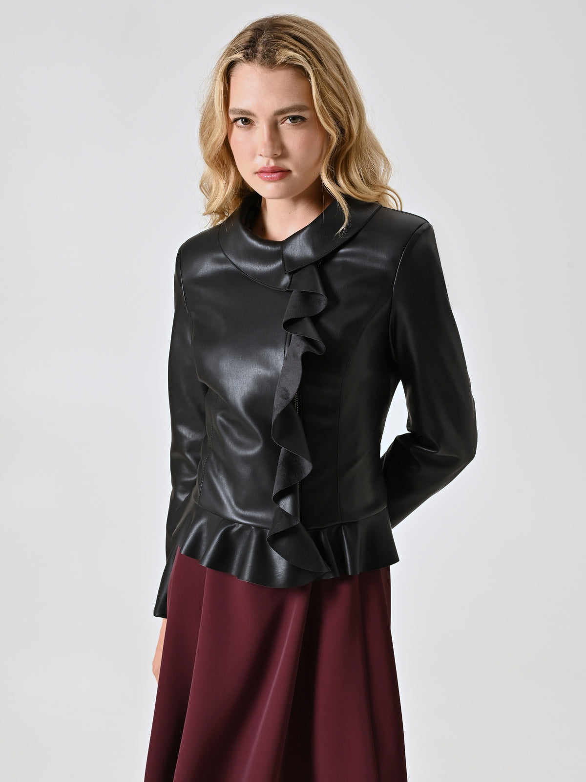 Black Faux Leather Jacket with Ruffles and Turn-down Collar - Maska