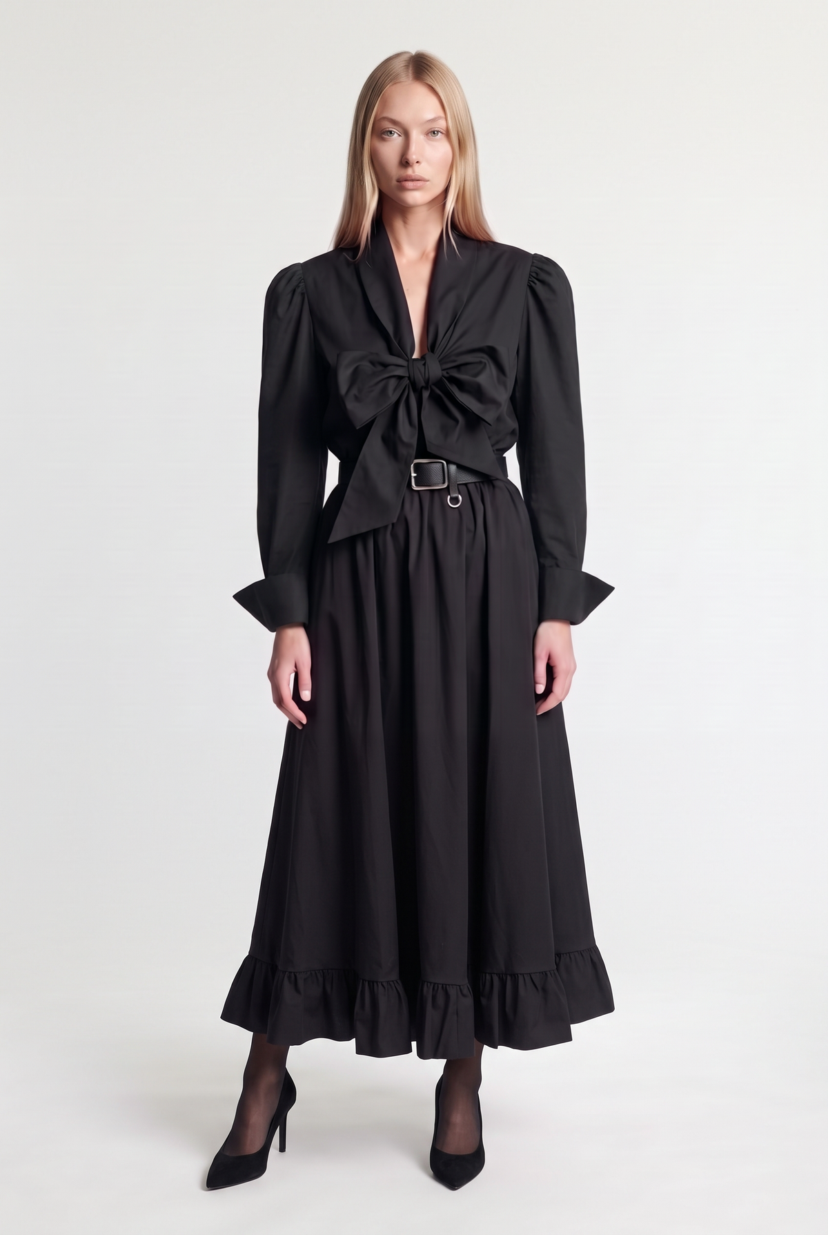 Bow-Front Puff Shoulder Blouse - Black - front view