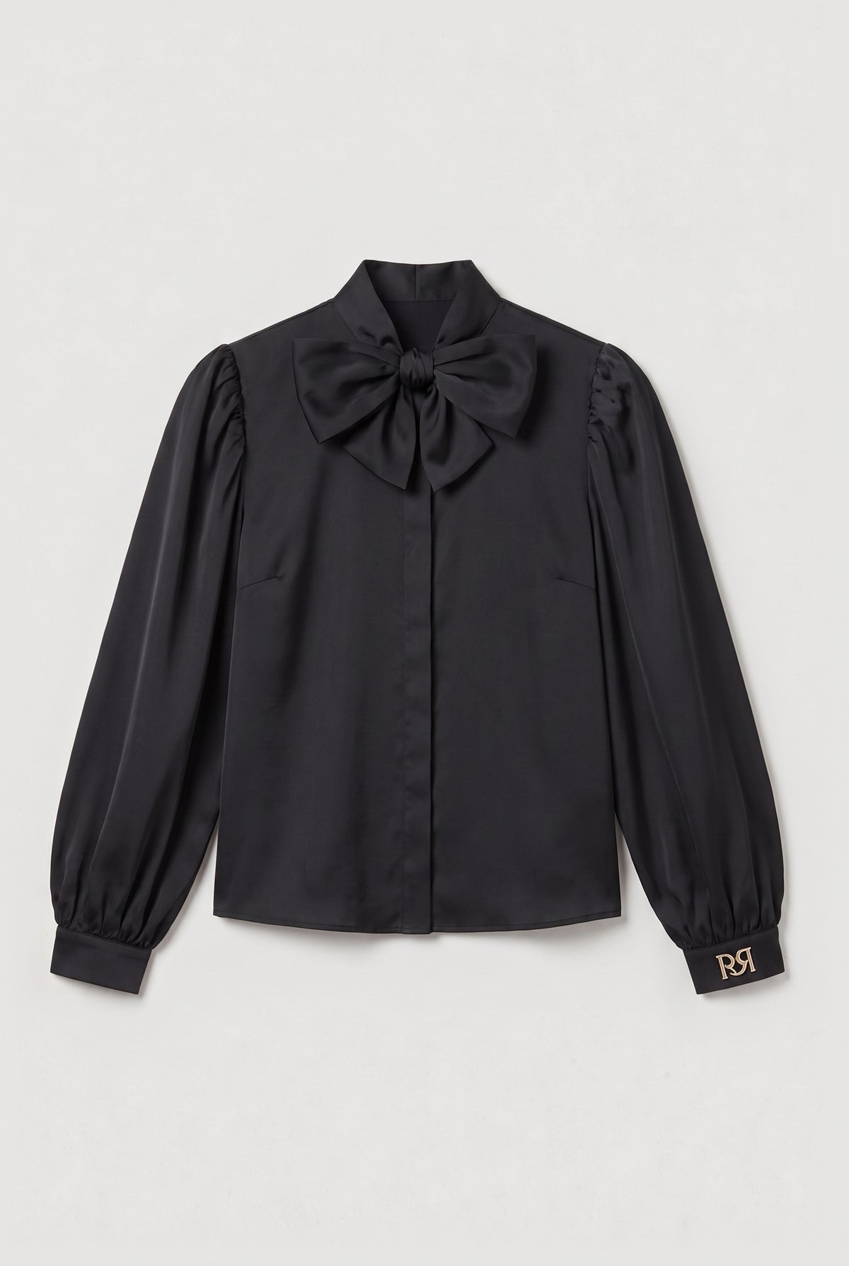 Bow-Neck Balloon-Sleeve Blouse - Black - flat lay