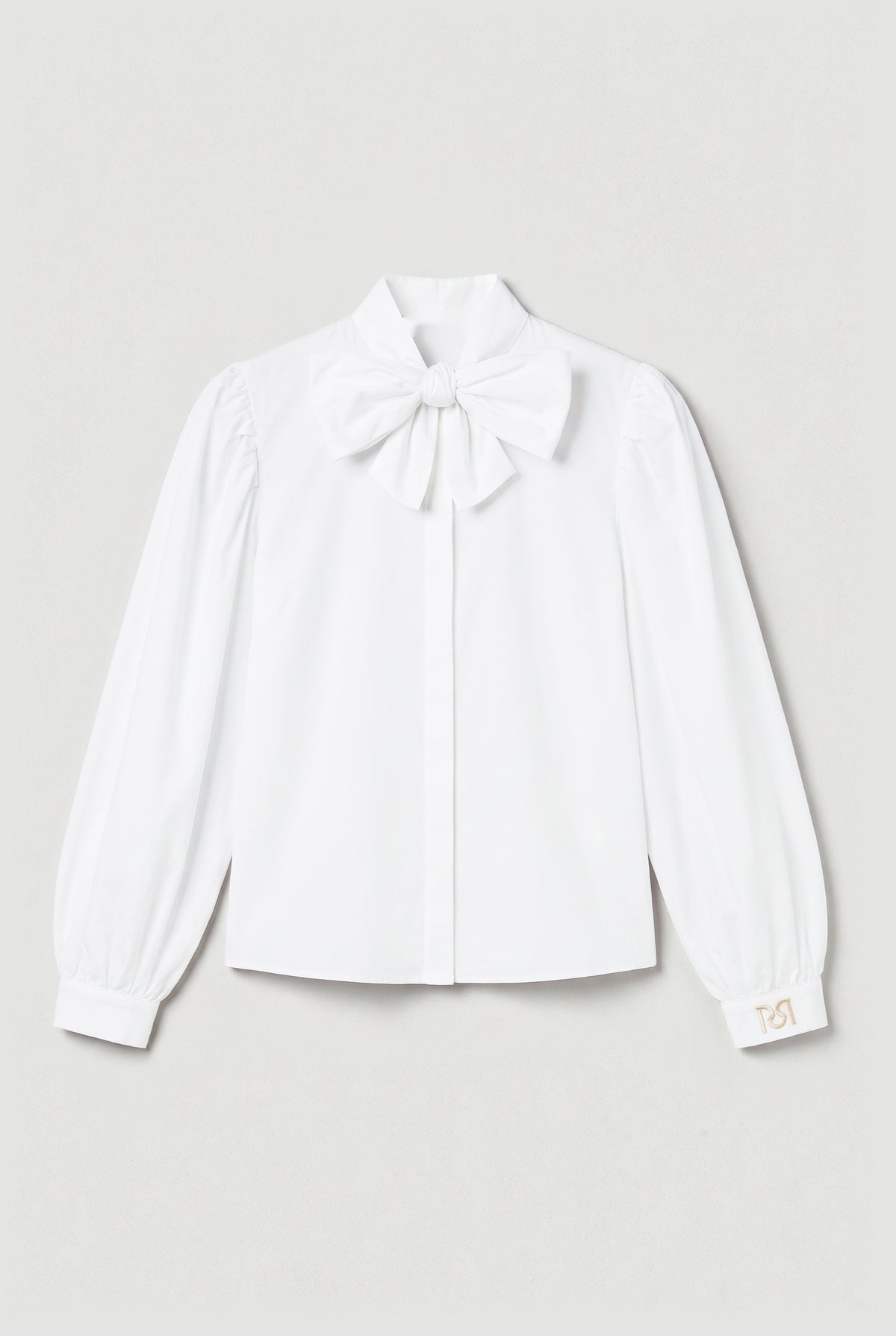 Bow-Neck Balloon-Sleeve Blouse - White - flat lay