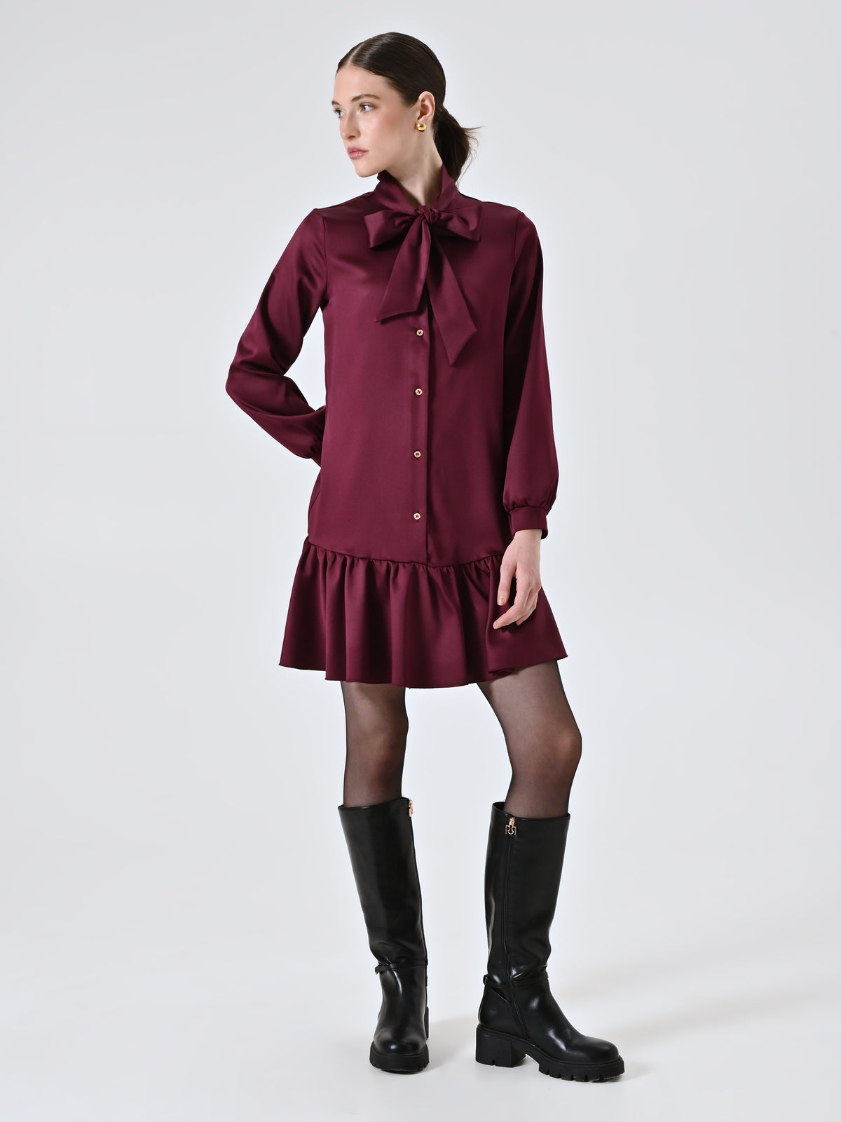 Burgundy Satin Shirt Dress with Bow - Maska