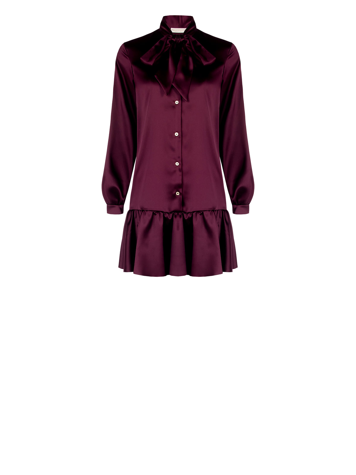 Burgundy Satin Shirt Dress with Bow - Maska