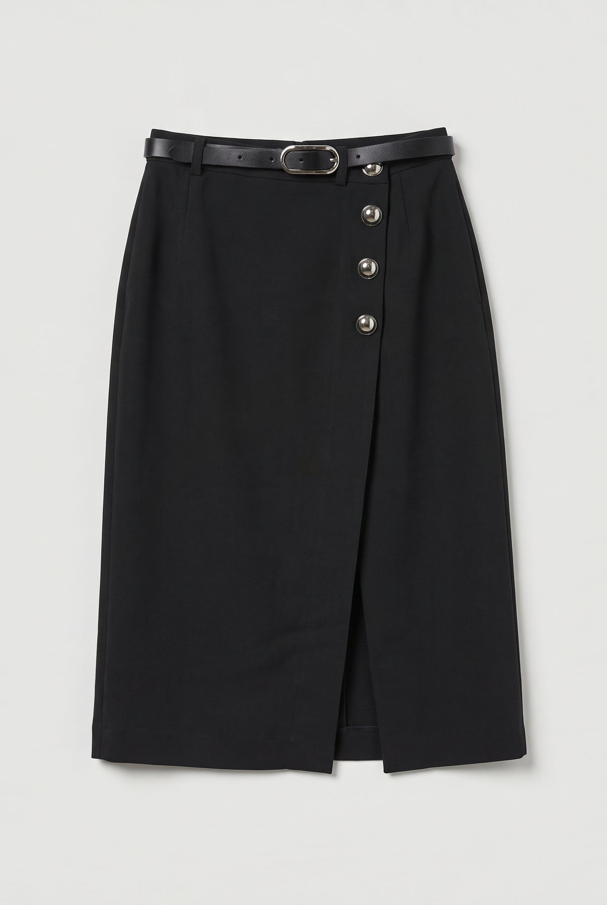 Button Wrap Midi Pencil Skirt - Black - flat lay