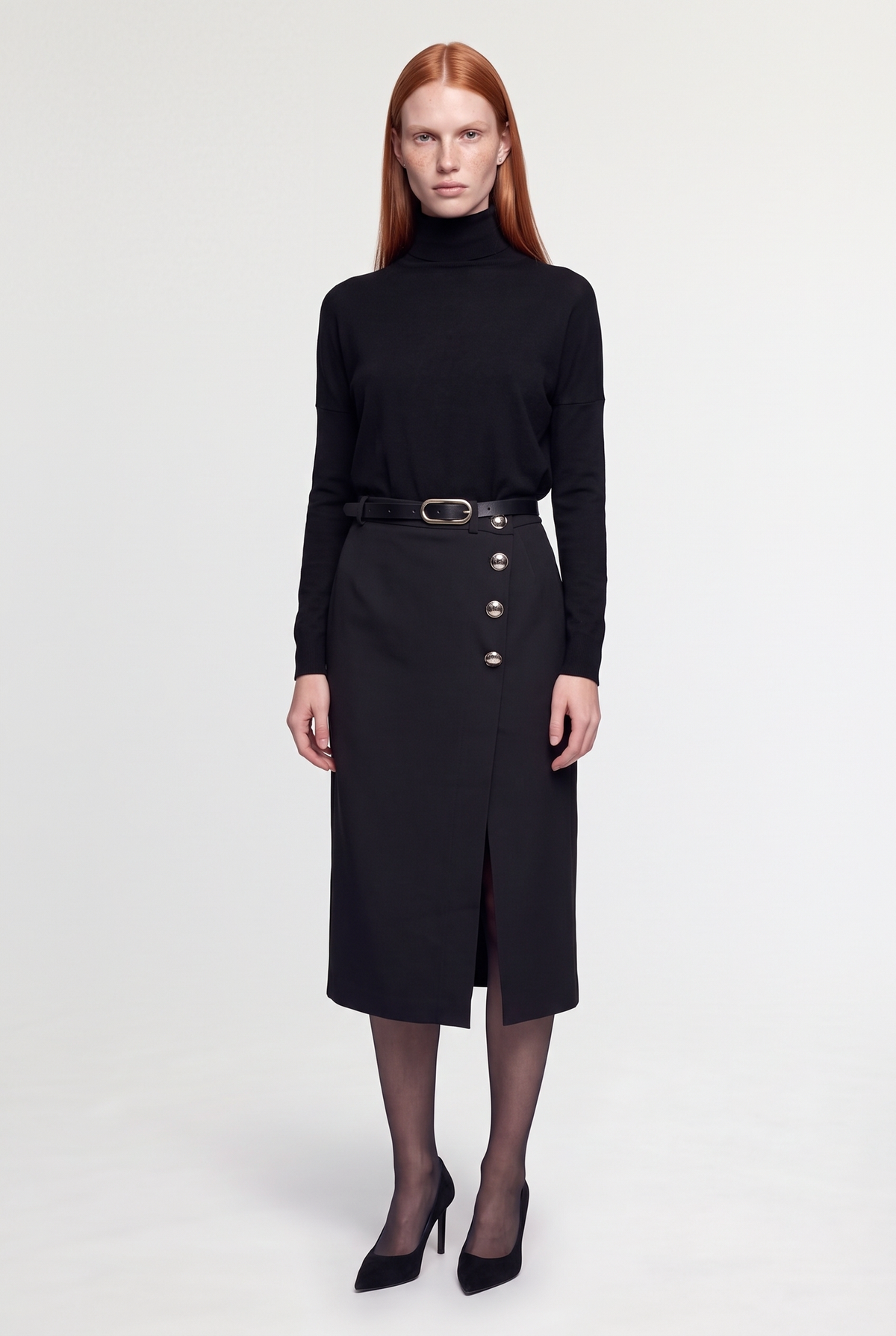 Button Wrap Midi Pencil Skirt - Black - front view, second pose
