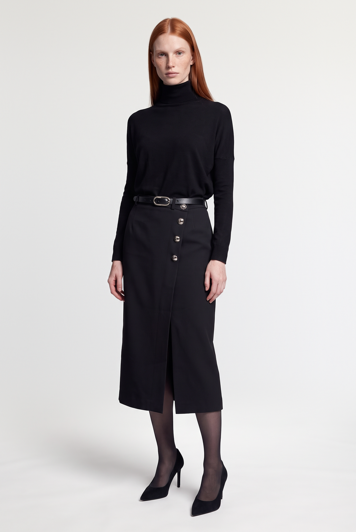 Button Wrap Midi Pencil Skirt - Black - front view