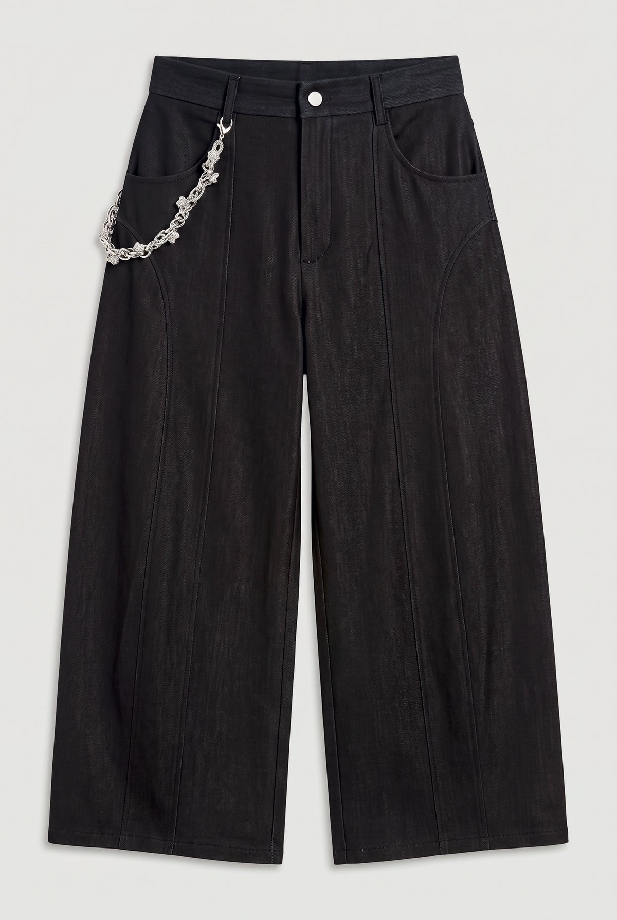 Chain-Detail Barrel-Leg Pants - Black Denim - flat lay