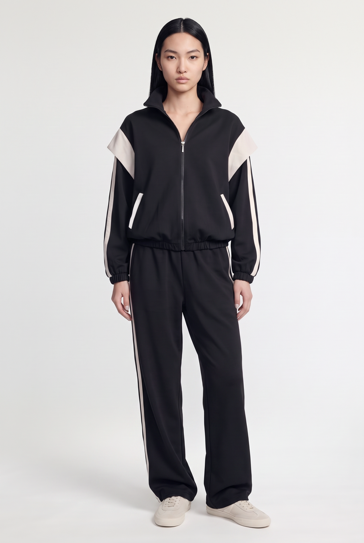 Contrast Panel Zip Track Jacket - Black - front view