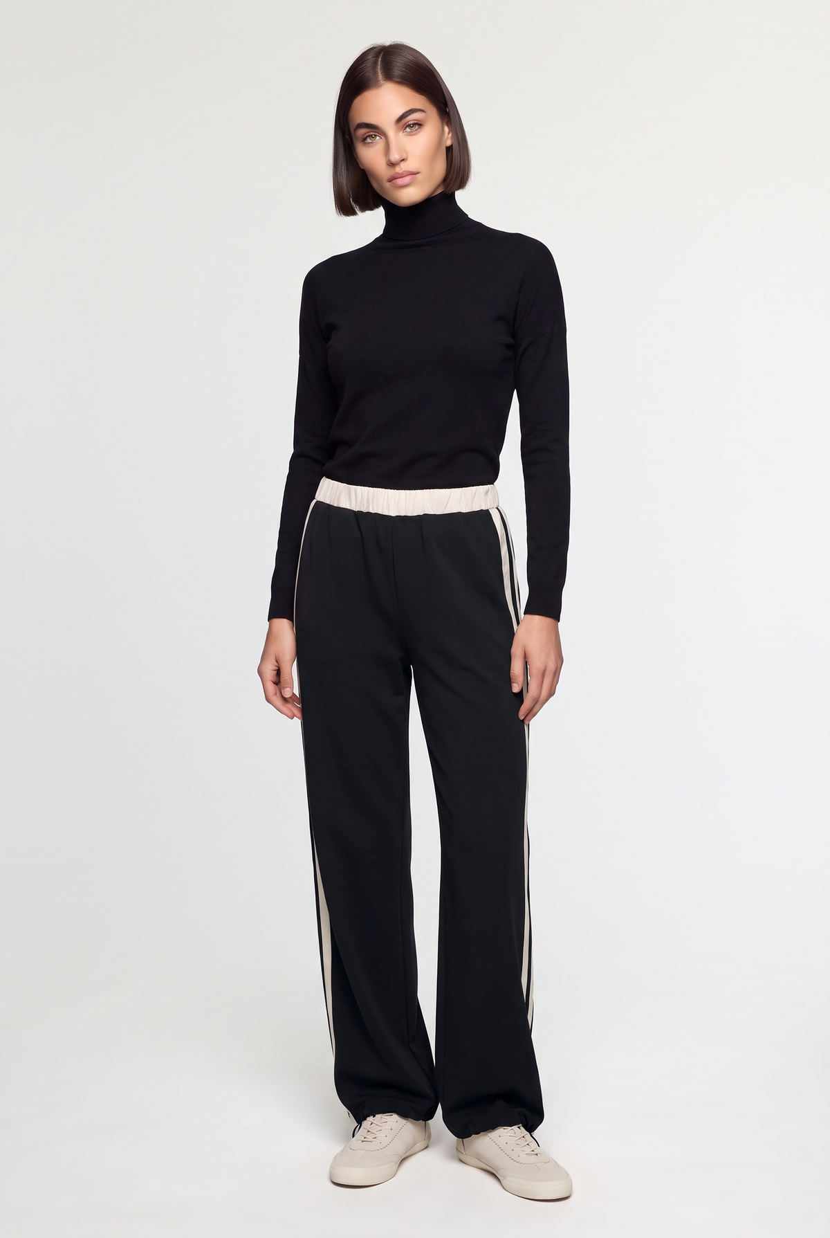 Contrast-Stripe Drawcord-Hem Pants - Black - front view, second pose