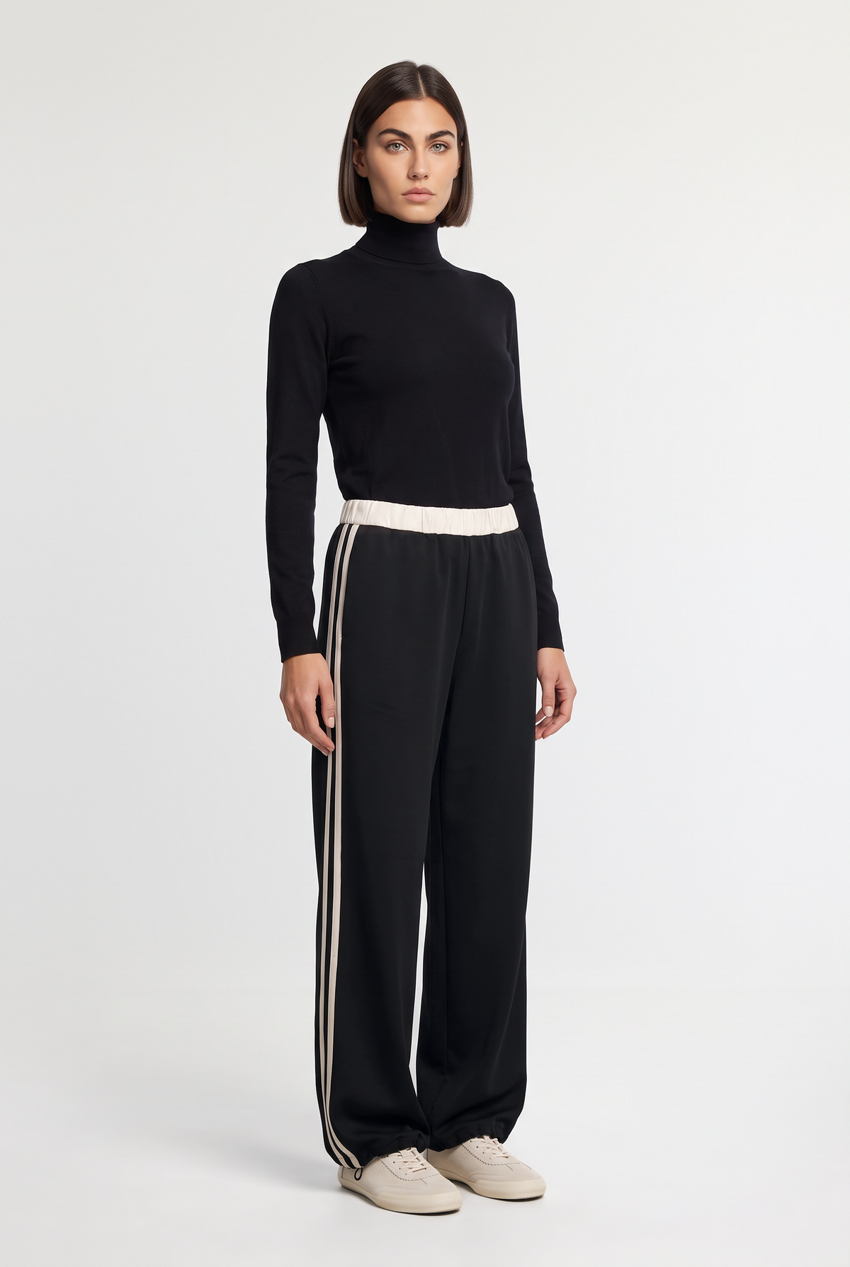 Contrast-Stripe Drawcord-Hem Pants - Black - front view