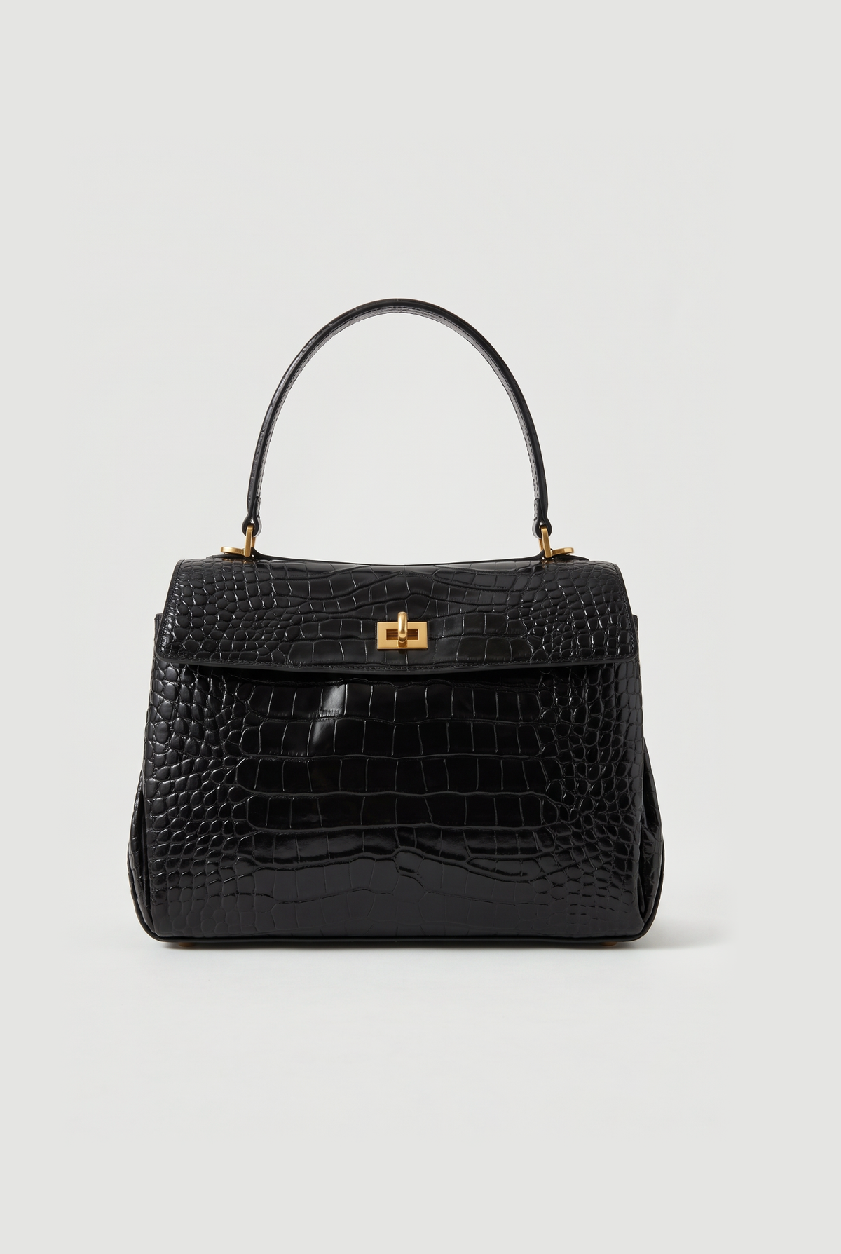 Croc-Embossed Top-Handle Bag in Black/Gold