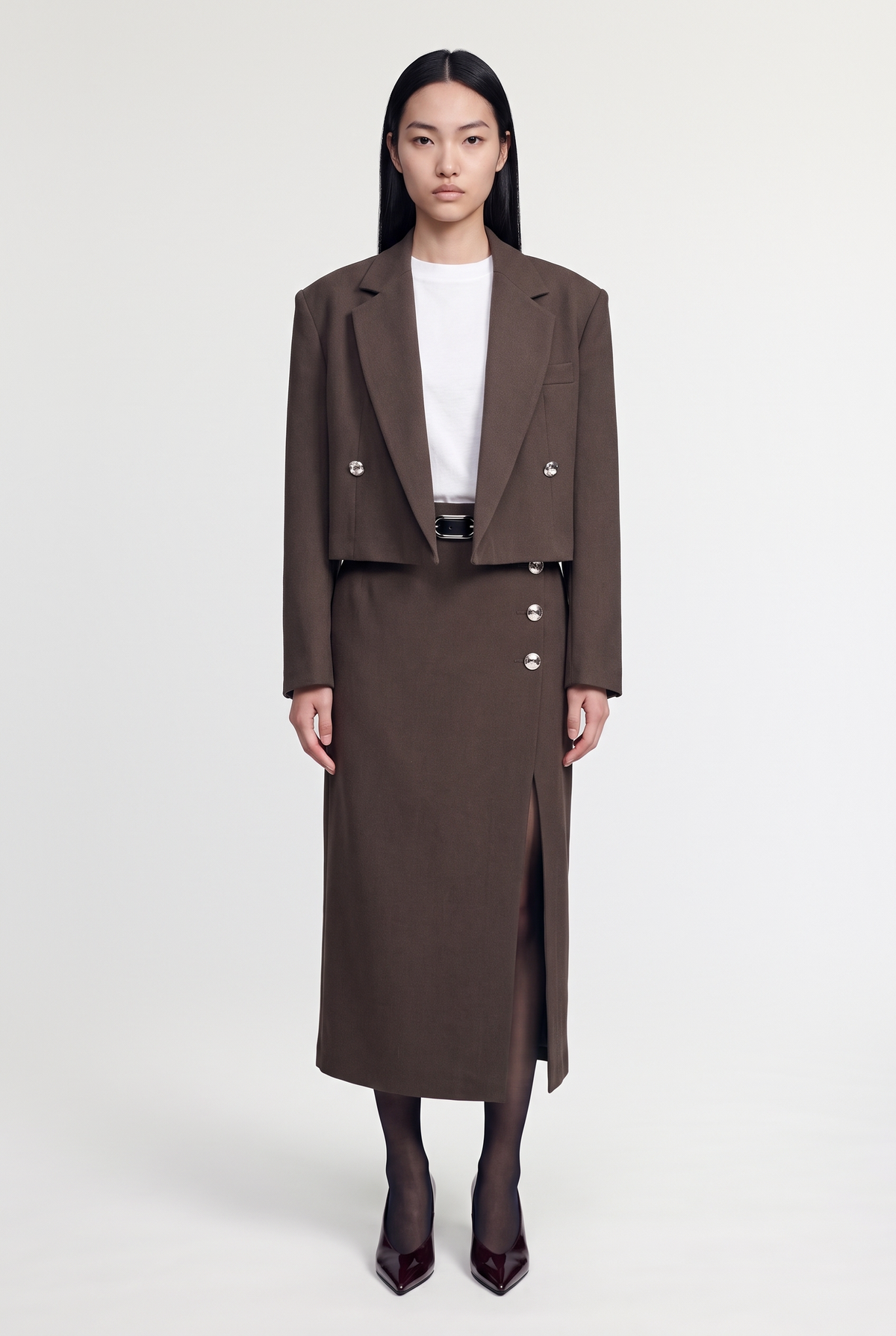 Cropped Double-Breasted Blazer - Brown - front view