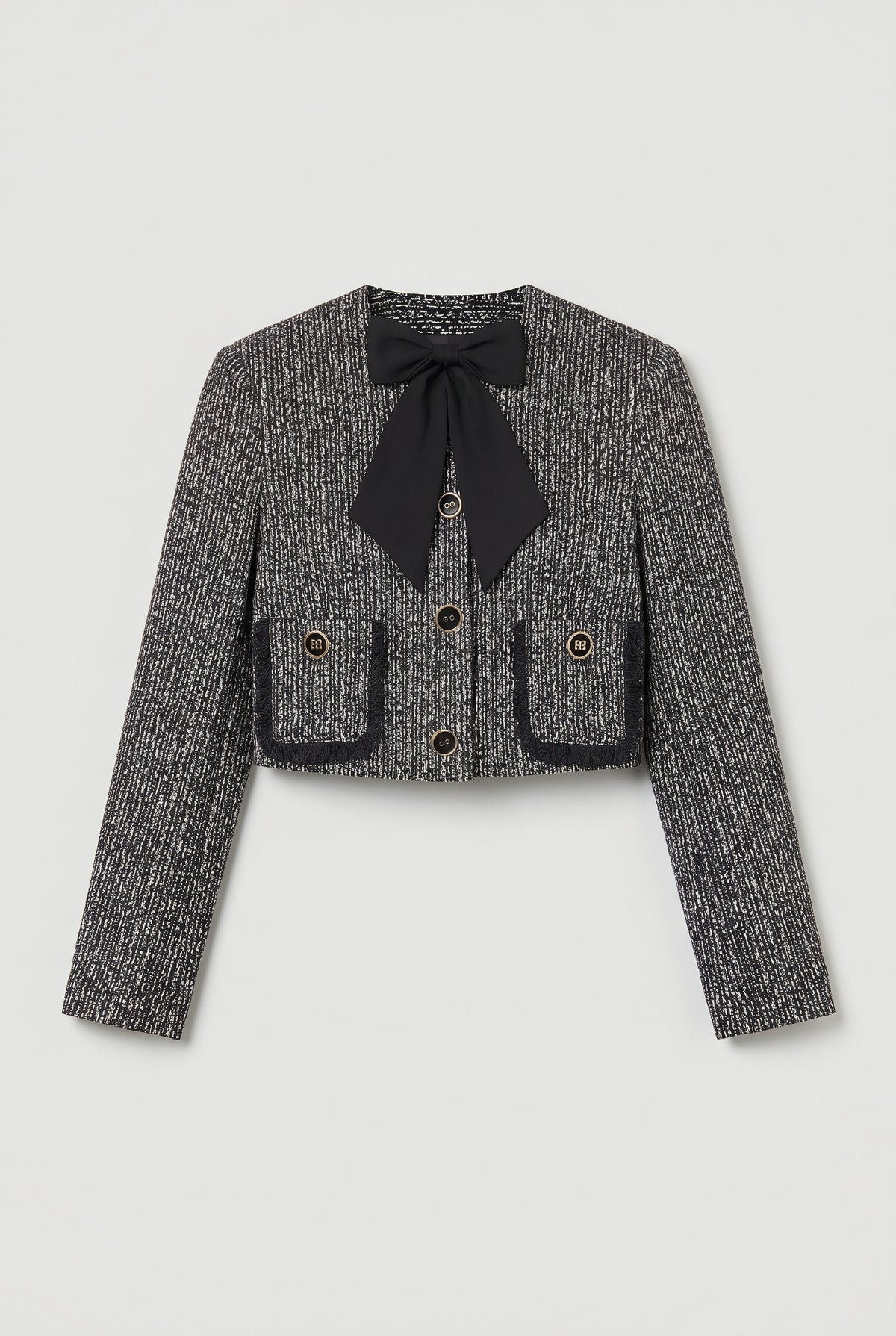 Cropped Tweed Jacket with Bow - Black - flat lay