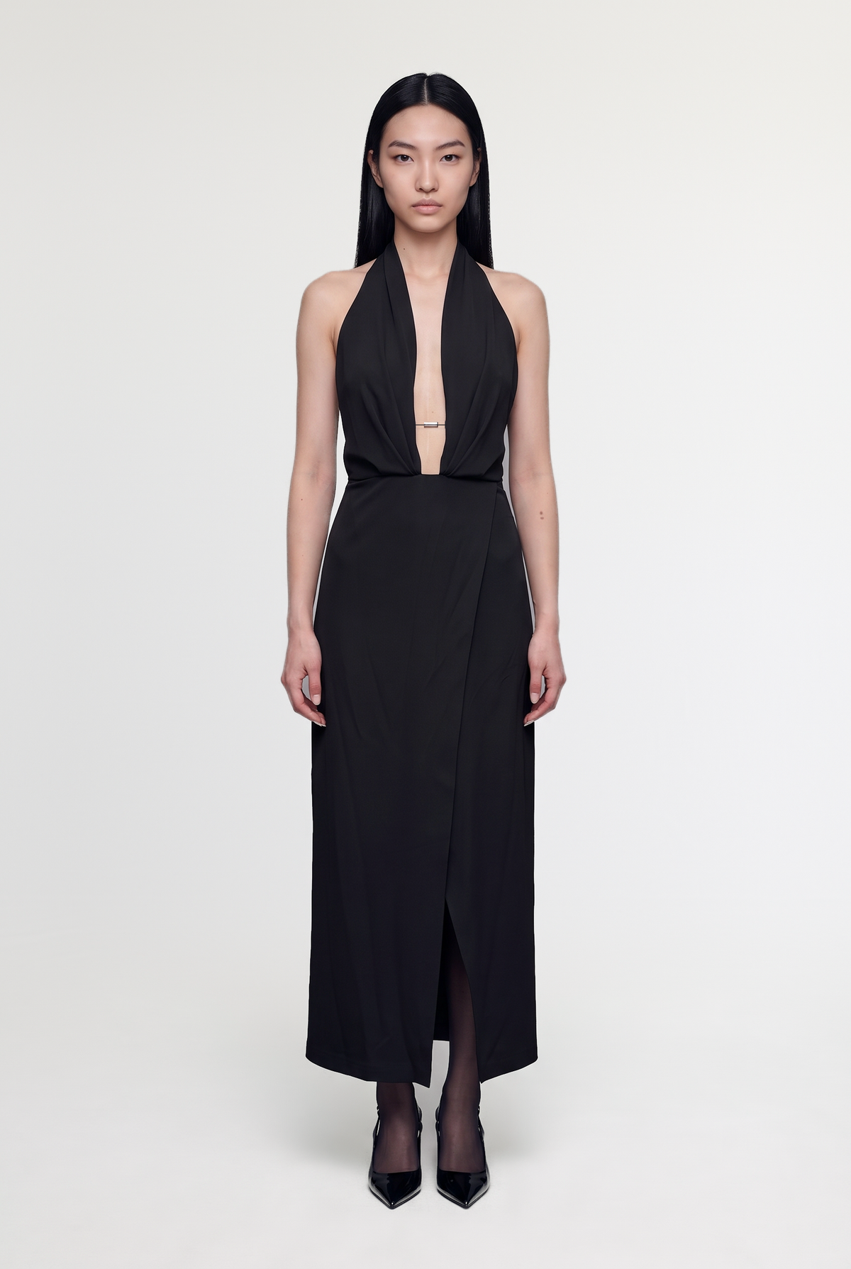 Deep-V Halter Jumpsuit - Black - front view