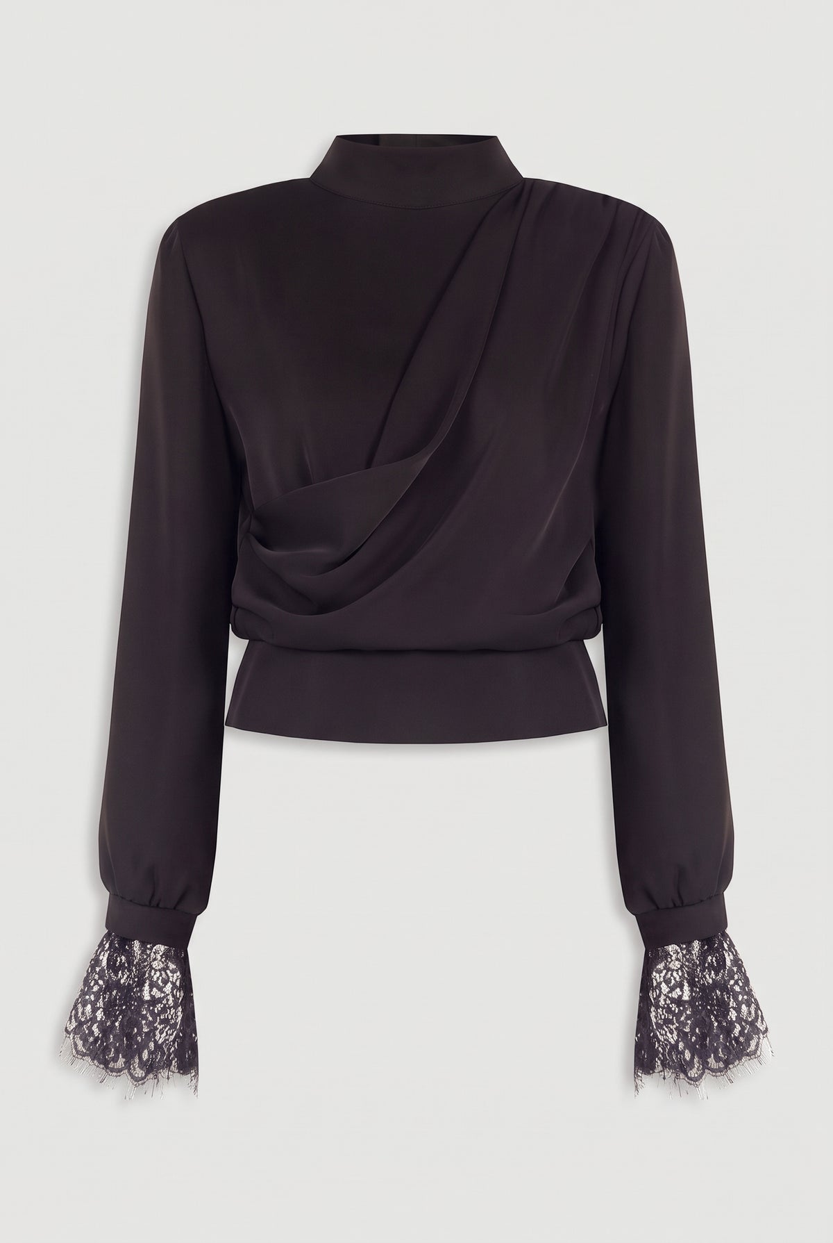 Draped Top with Lace Cuffs - Black - flat lay