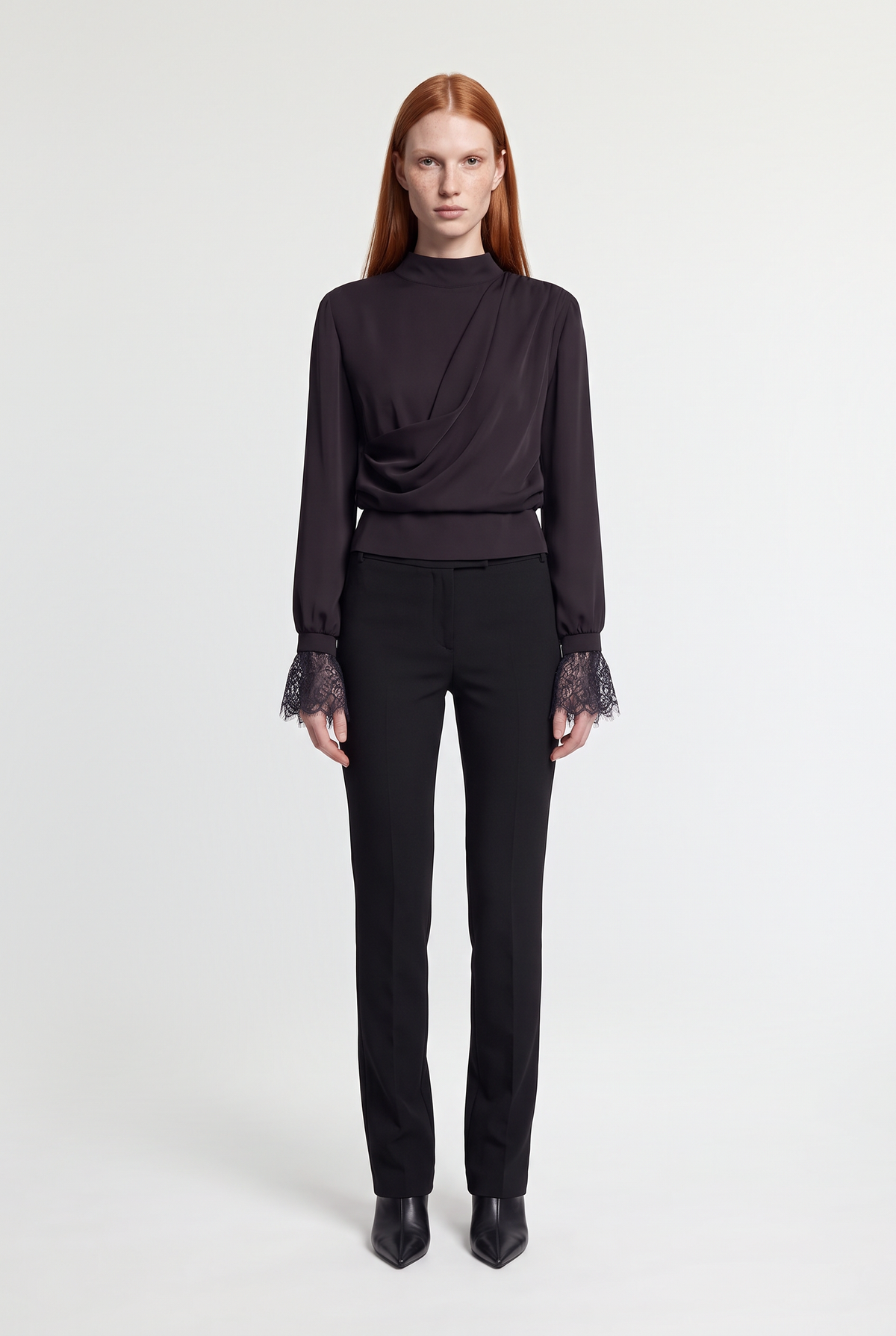 Draped Top with Lace Cuffs - Black - front view