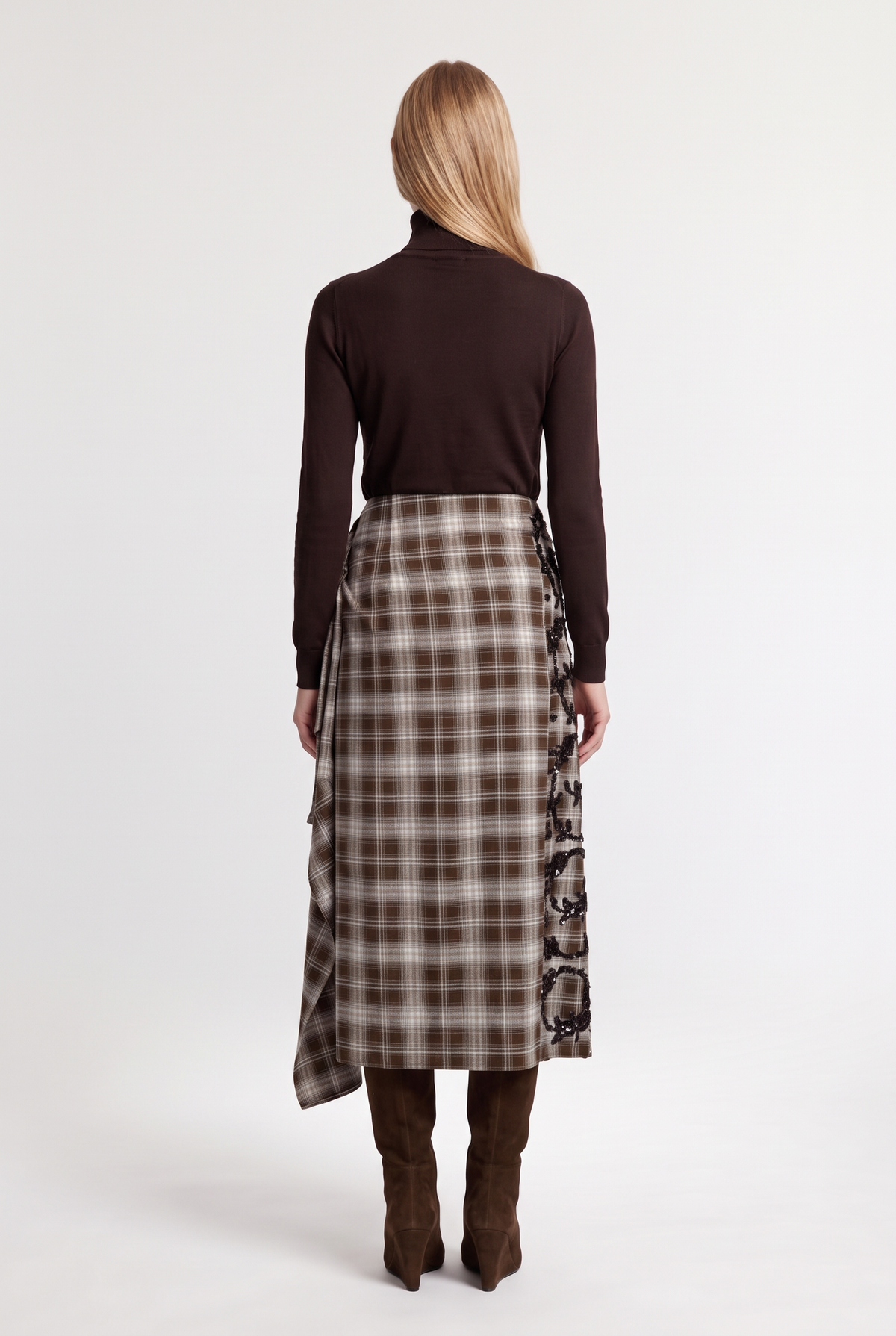 Embellished Plaid Tie-Side Midi Skirt - Cream/Brown - back view