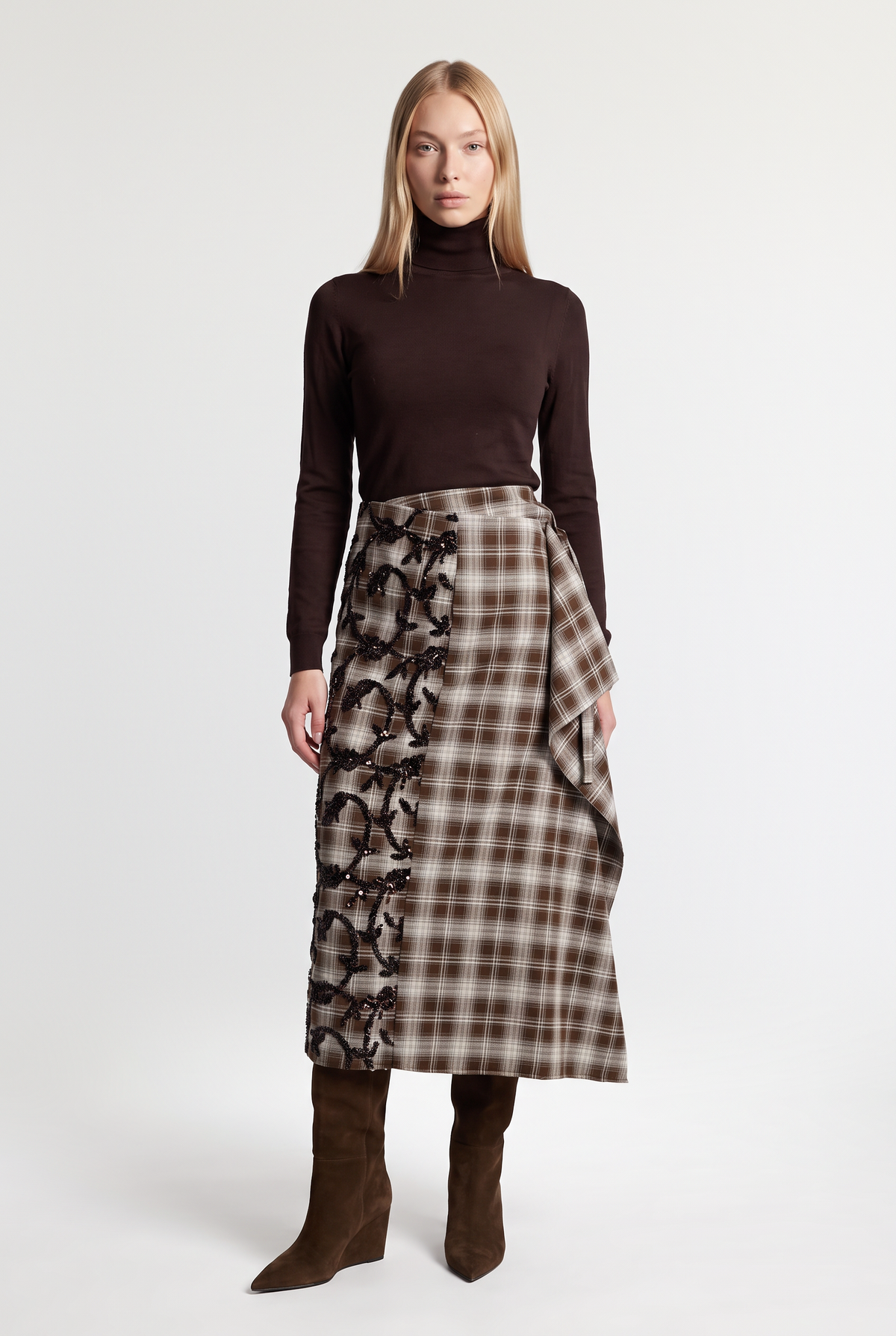 Embellished Plaid Tie-Side Midi Skirt - Cream/Brown - front view