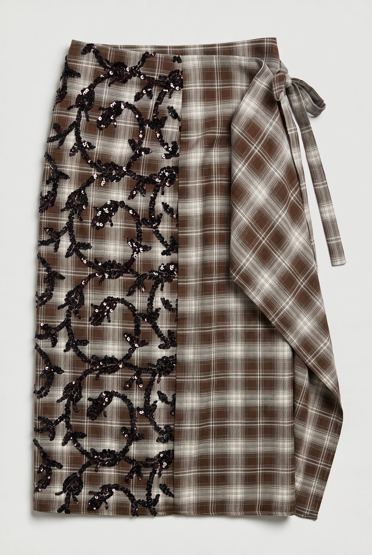 Embellished Plaid Tie-Side Midi Skirt - Cream/Brown - flat lay