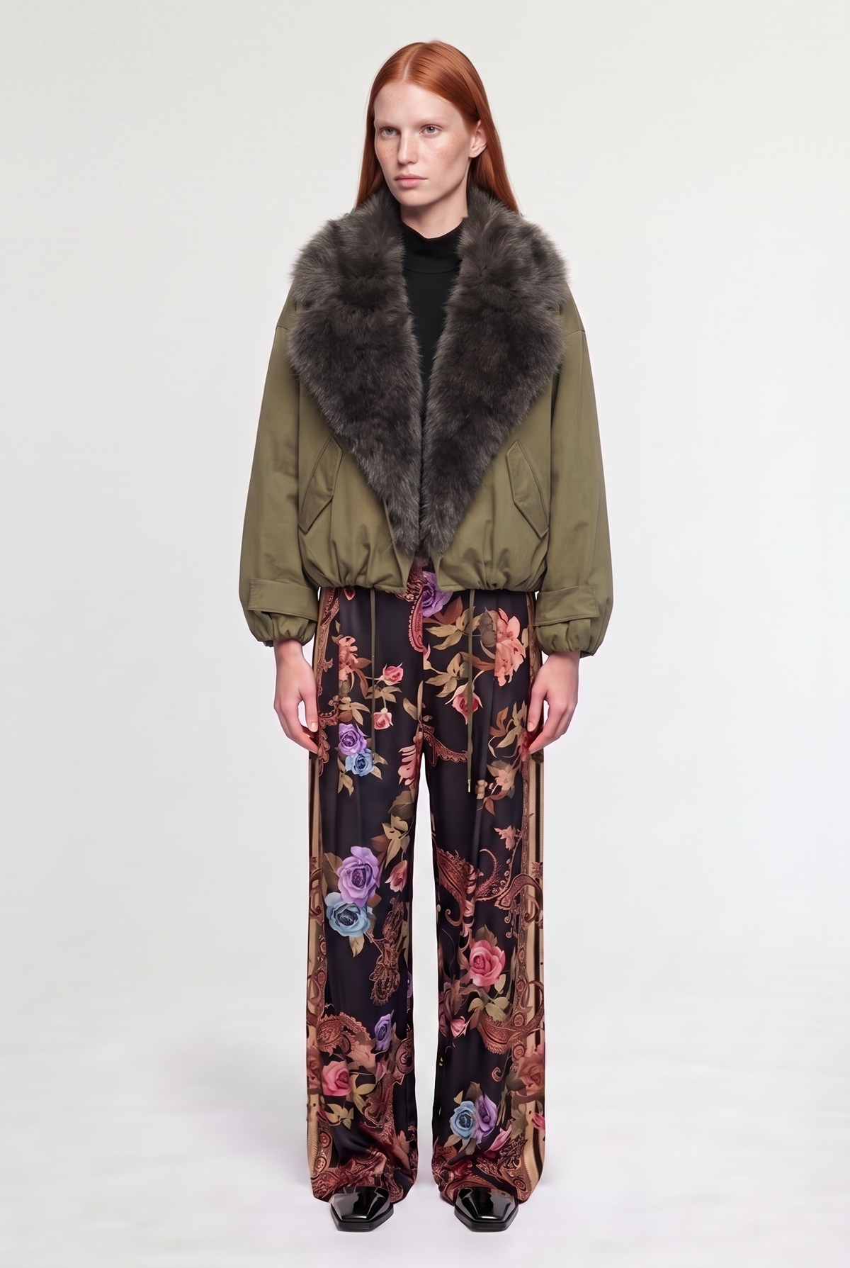 Fur-collar olive bomber - Military - front view