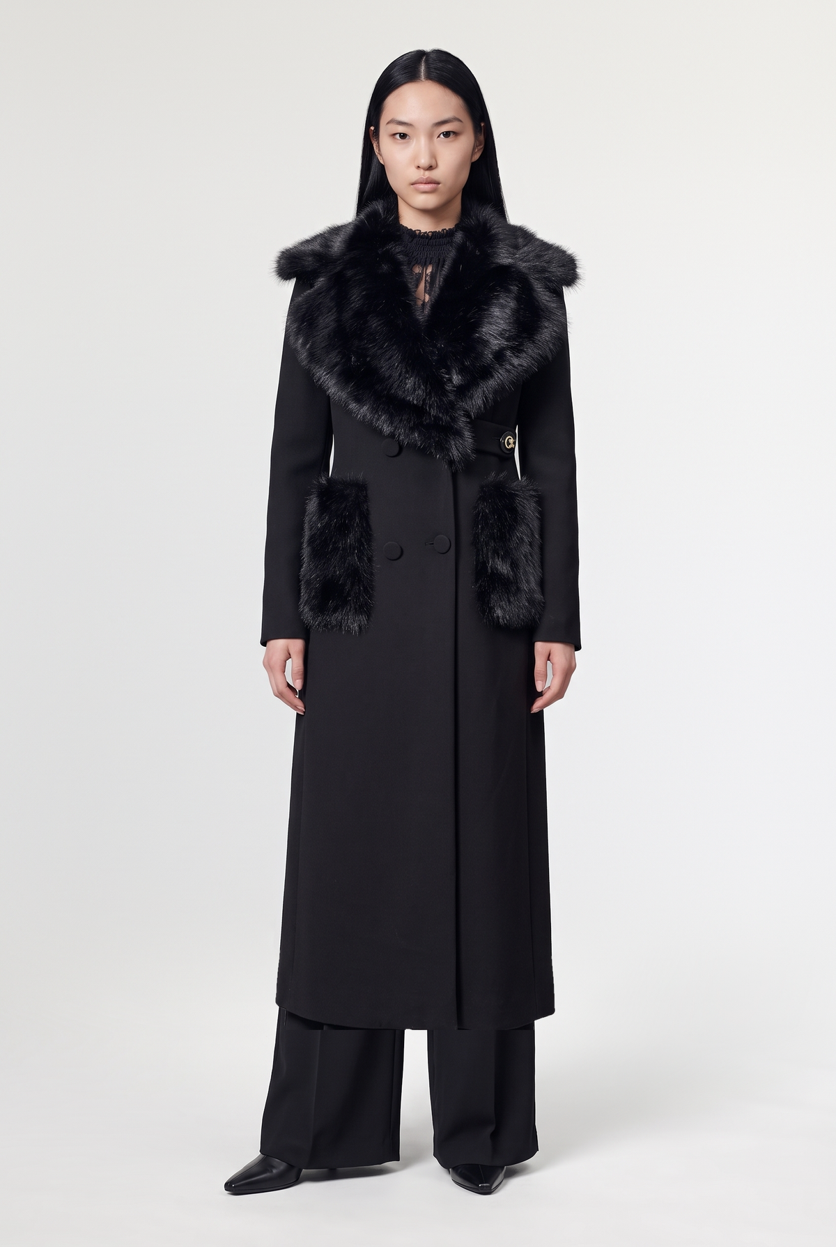 Faux-Fur-Trim Long Coat - Black - front view