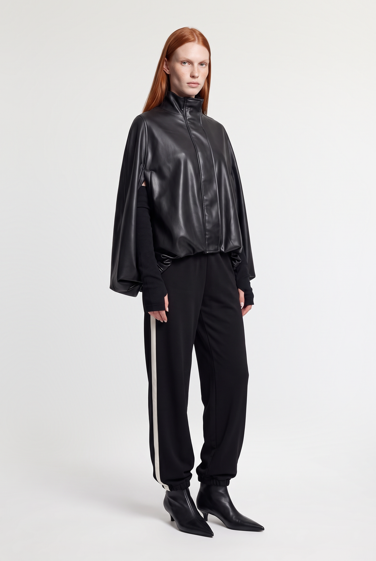 Faux-Leather Cape with Arm Warmers - Black - front view