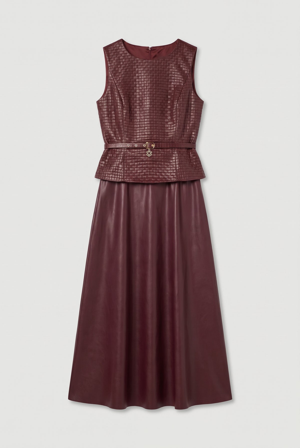 Faux-Leather Woven Peplum Midi Dress - Bordeaux - flat lay