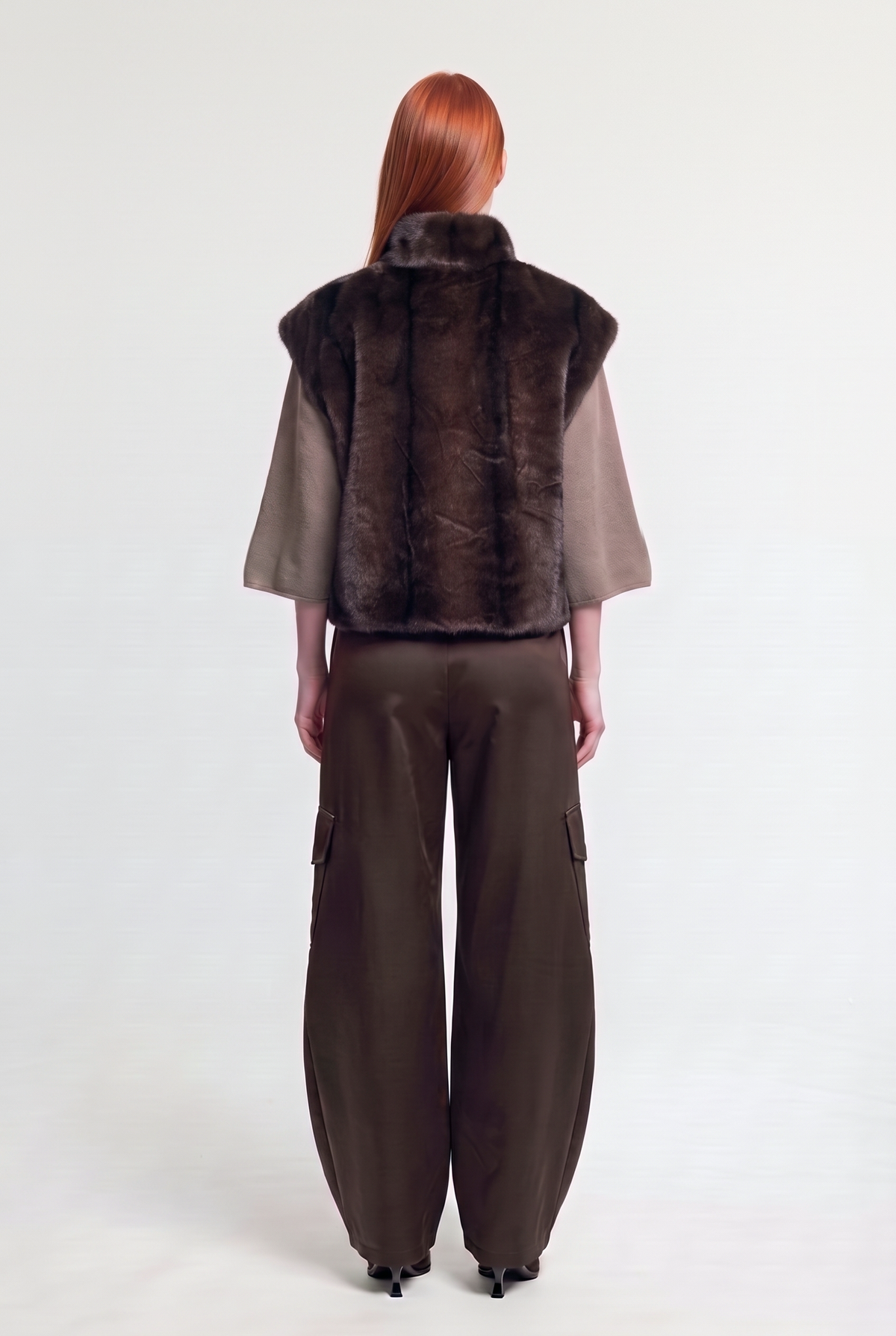 Faux-Mink Funnel-Neck Vest - Brown - on model, back