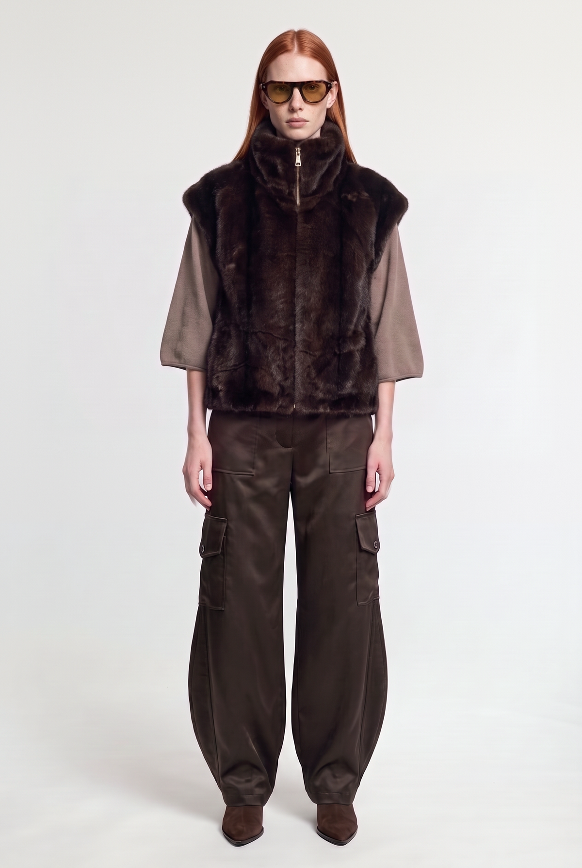 Faux-Mink Funnel-Neck Vest - Brown - on model, front