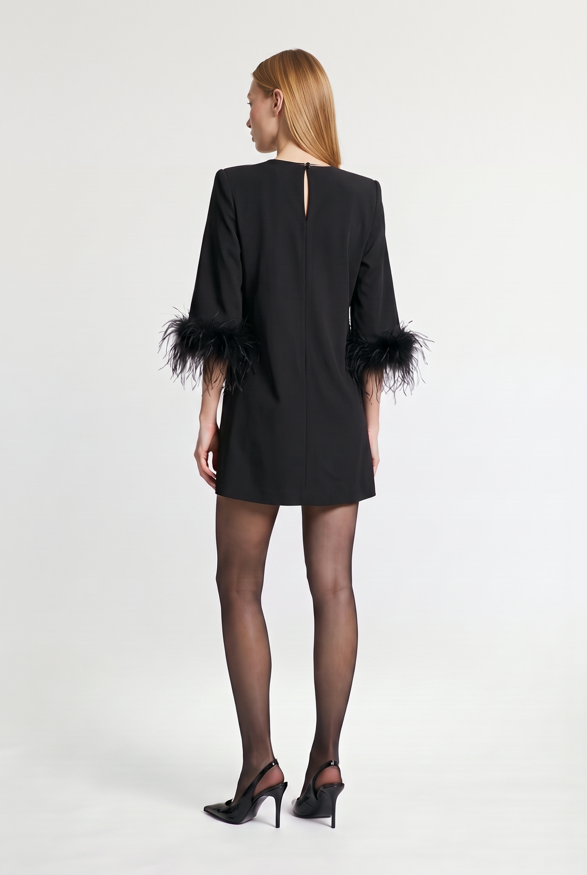 Feather Cuff Mini Dress - Black - back view