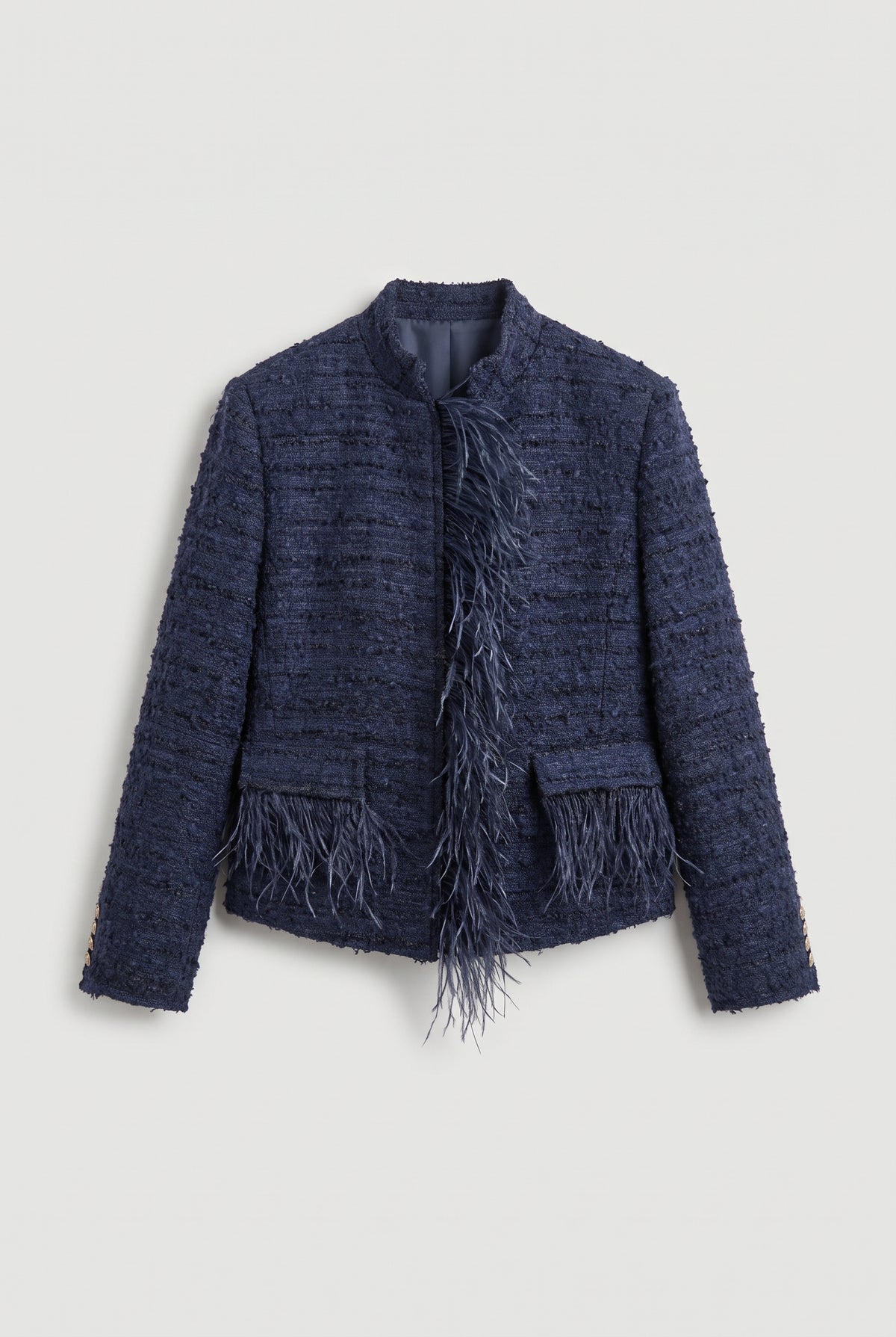 Feather-Effect Trim Tweed Jacket - Blue - flat lay