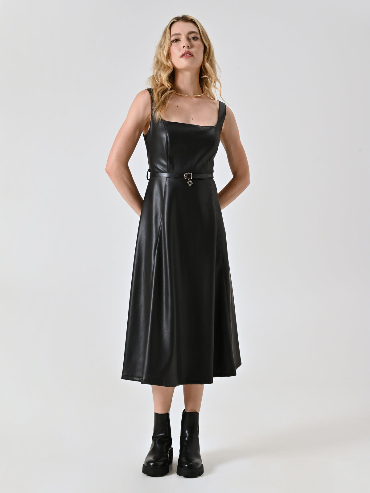 Flared Faux Leather Dress - Maska
