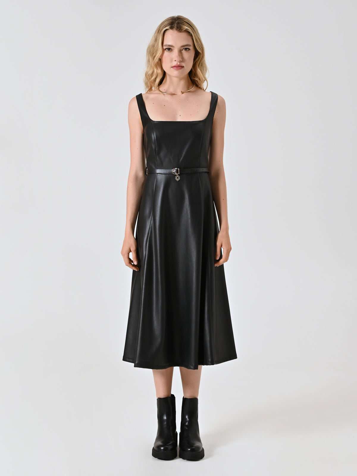 Flared Faux Leather Dress - Maska
