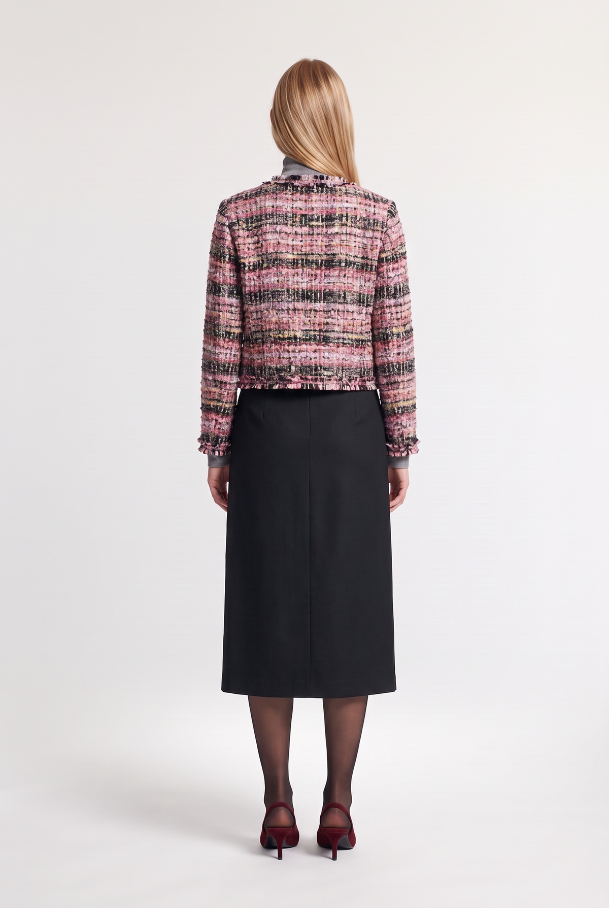 Multicolour Tweed Fringe Jacket - Pink - back view