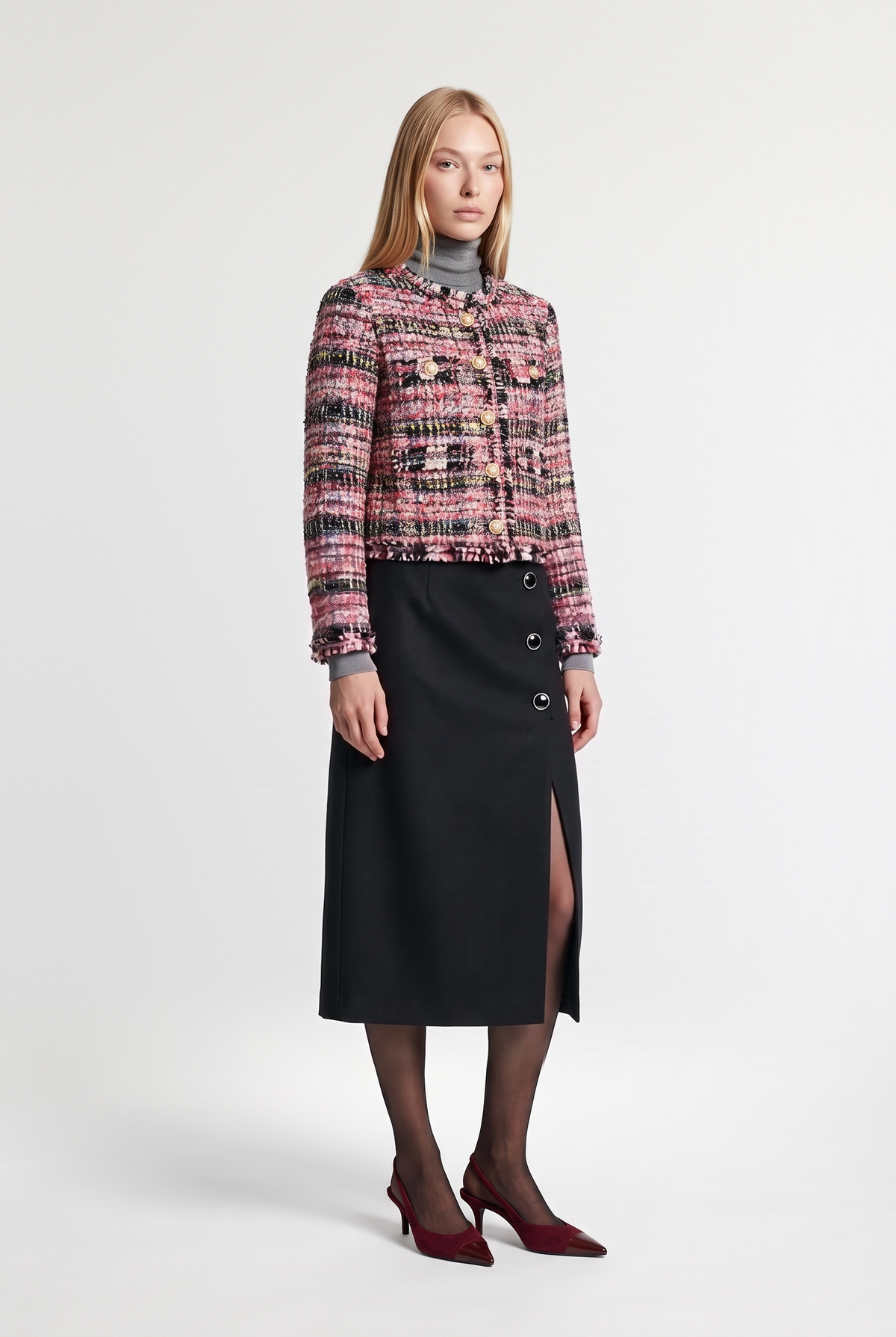 Multicolour Tweed Fringe Jacket - Pink - front view