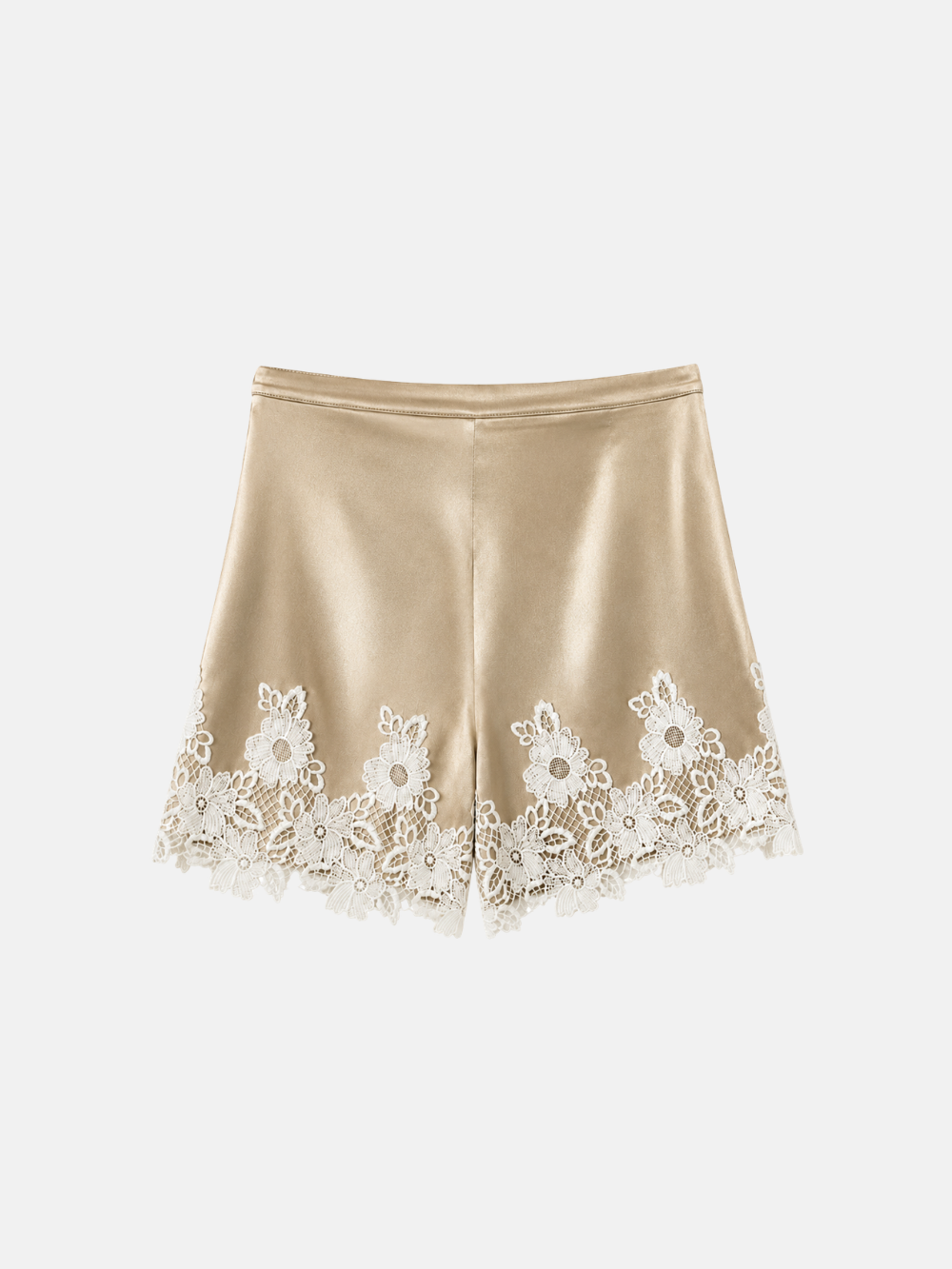 Champagne Satin Lace-Trim Shorts