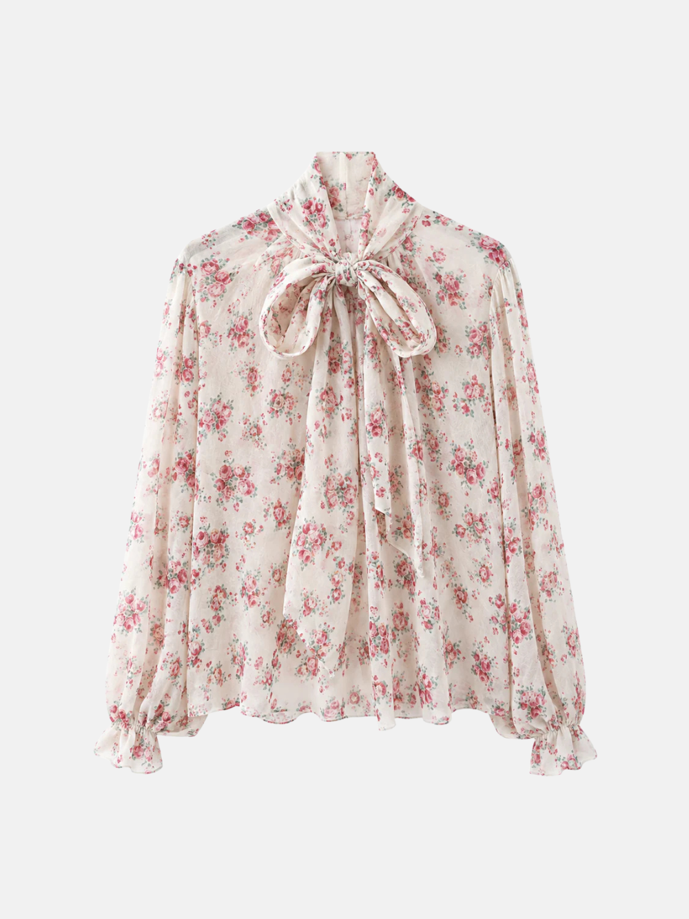 Floral Silk Blouse Neck Bow
