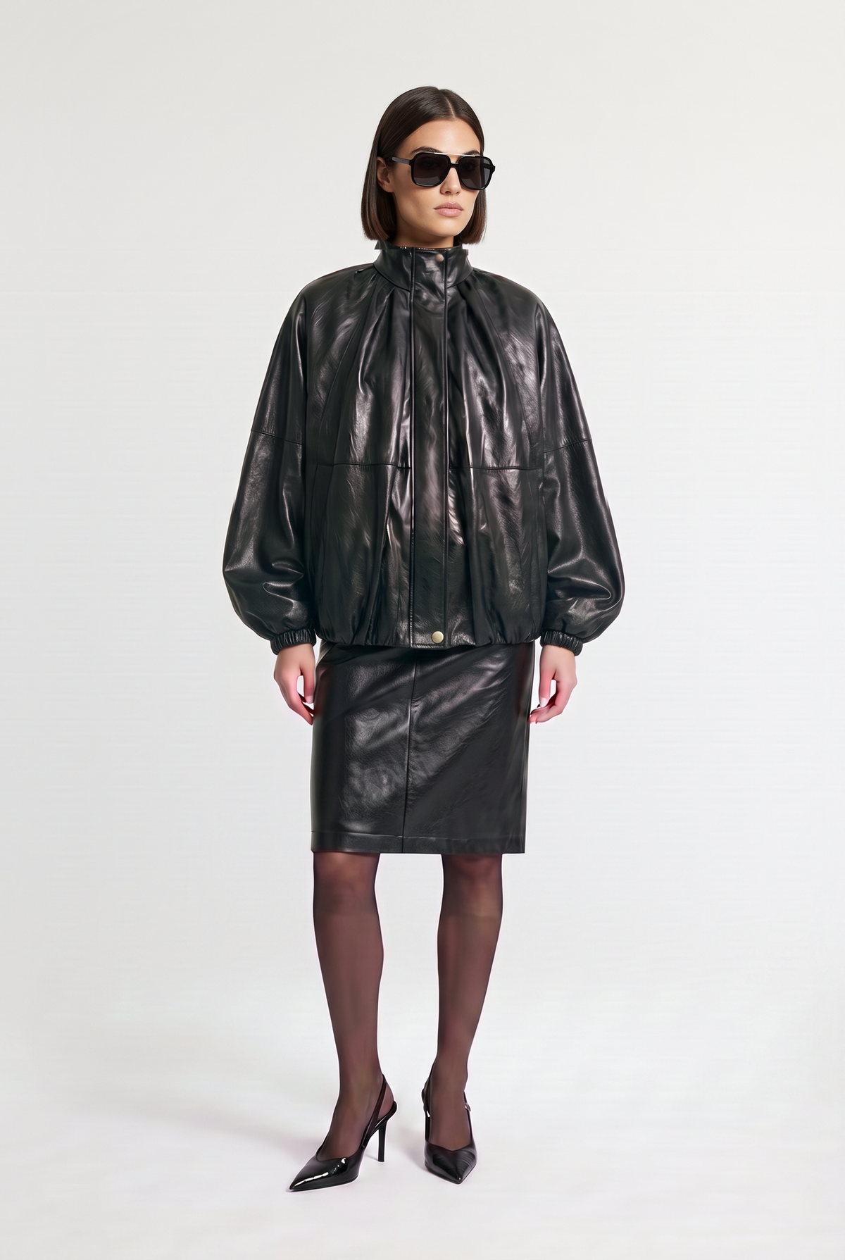 High-Neck Leather Jacket - Black - front view